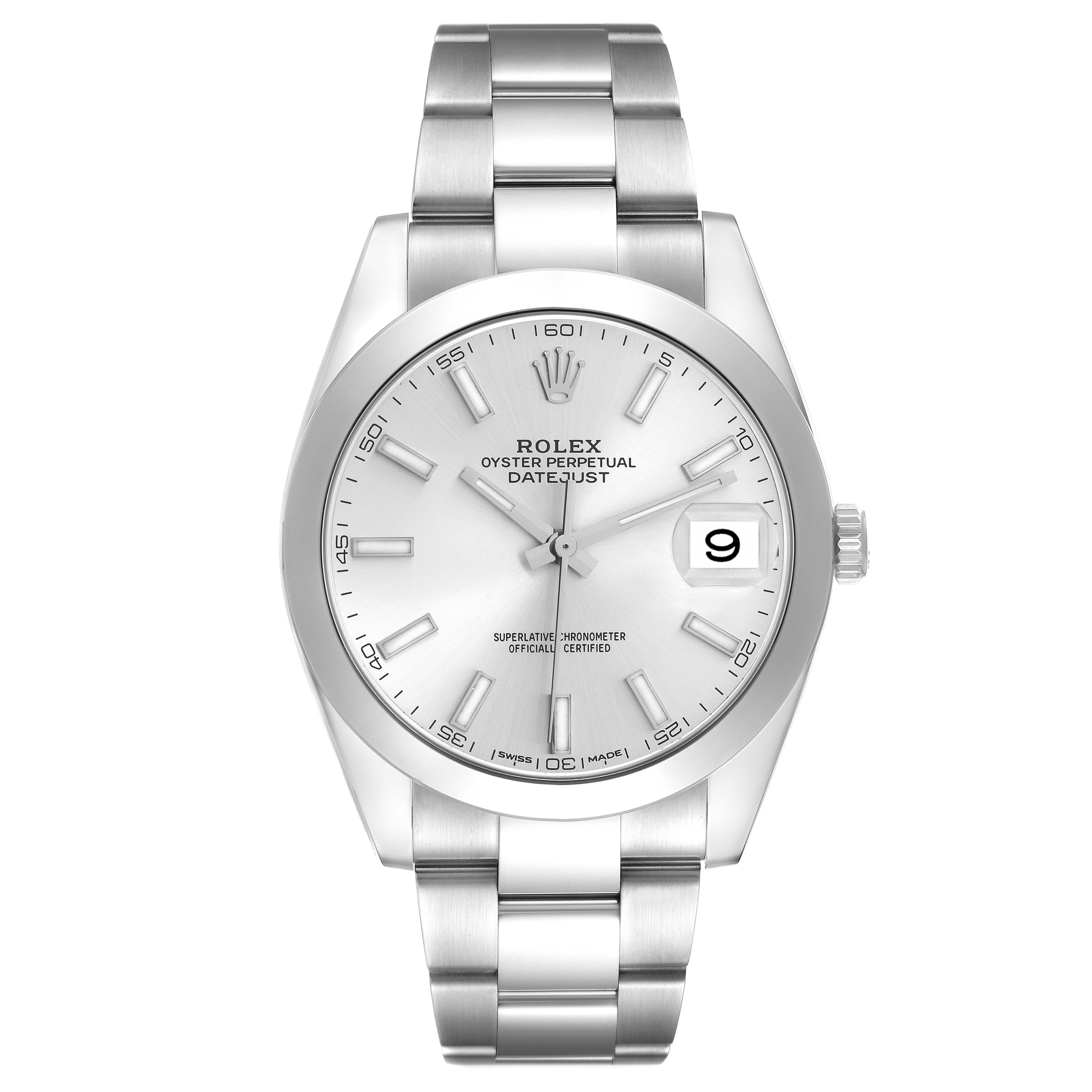 The Rolex Datejust 41 126300 Men
s Stainless Steel Silver Dial watch is shown from the front, displaying the dial, bezel, and bracelet.