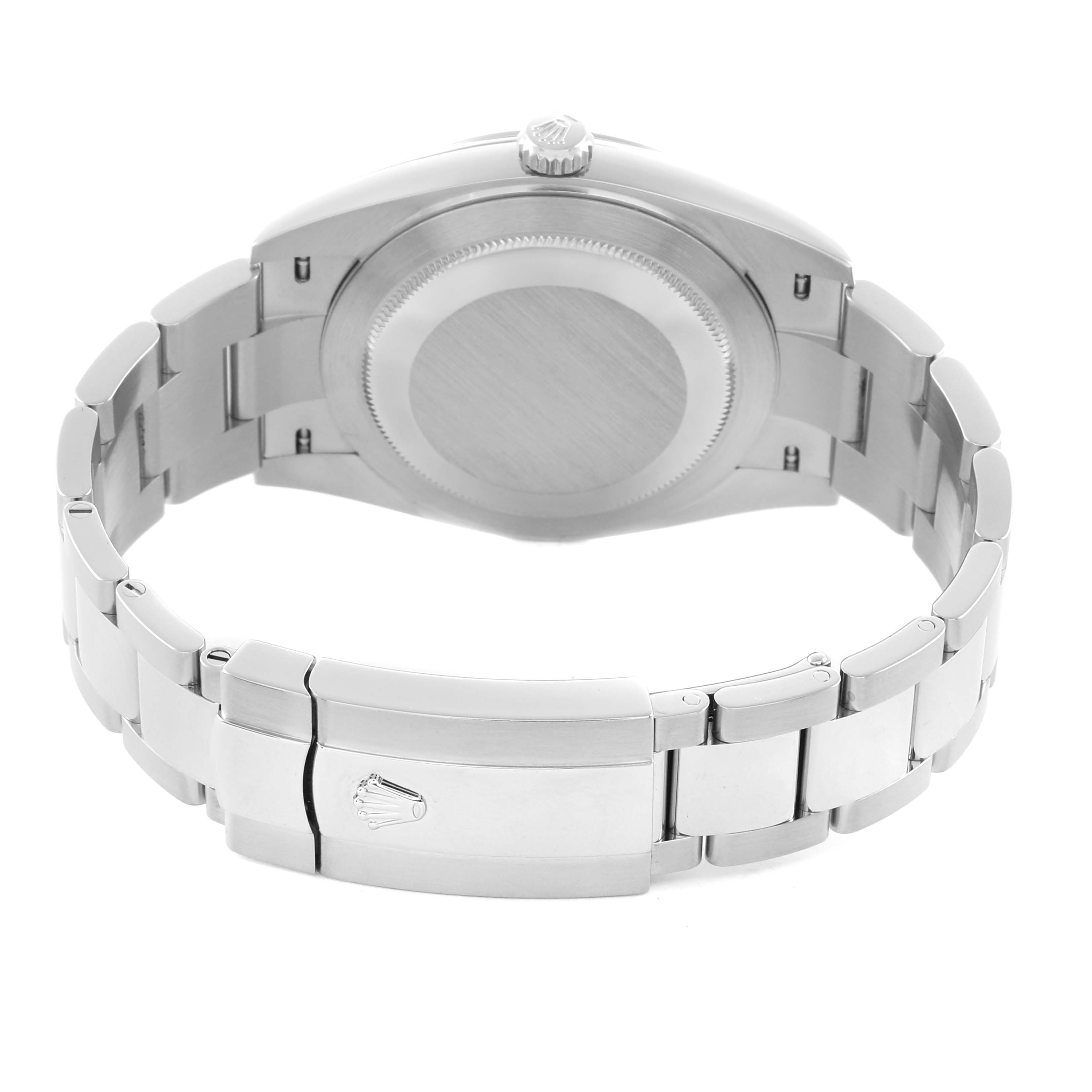 The image shows the back view of the Rolex Datejust 41 126300 Men
s Stainless Steel Silver Dial displaying the clasp, bracelet, and case back.