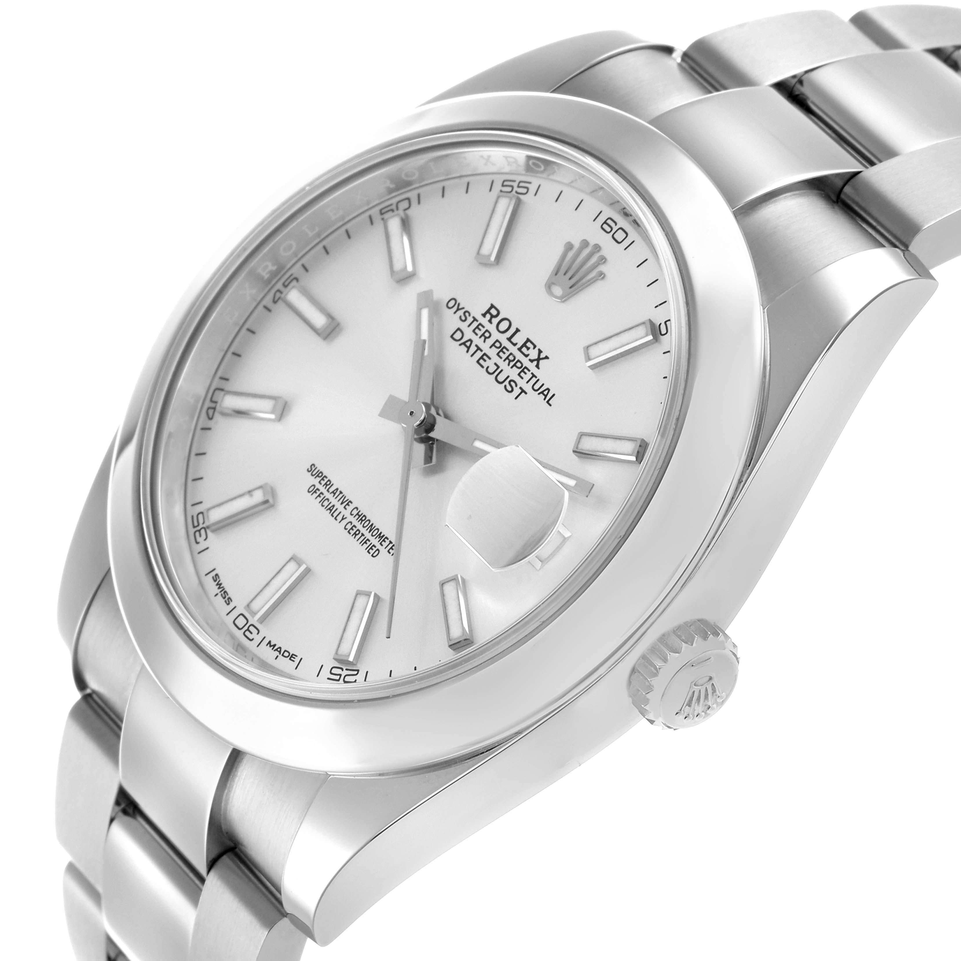 The Rolex Datejust 41 126300 Men
s Stainless Steel Silver Dial watch is shown at a three-quarter angle displaying the dial, bracelet, and crown.