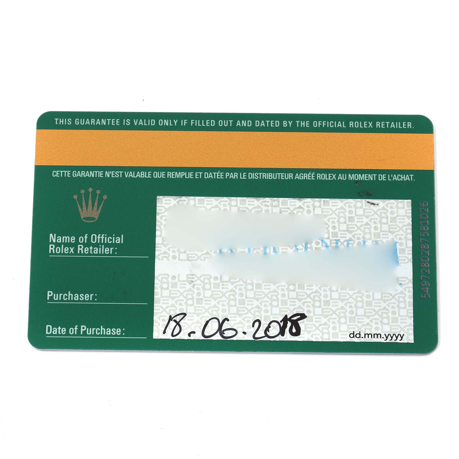 This image shows a warranty card for the Rolex Datejust 41 126300 Men
s Stainless Steel Silver Dial, displaying purchase details.