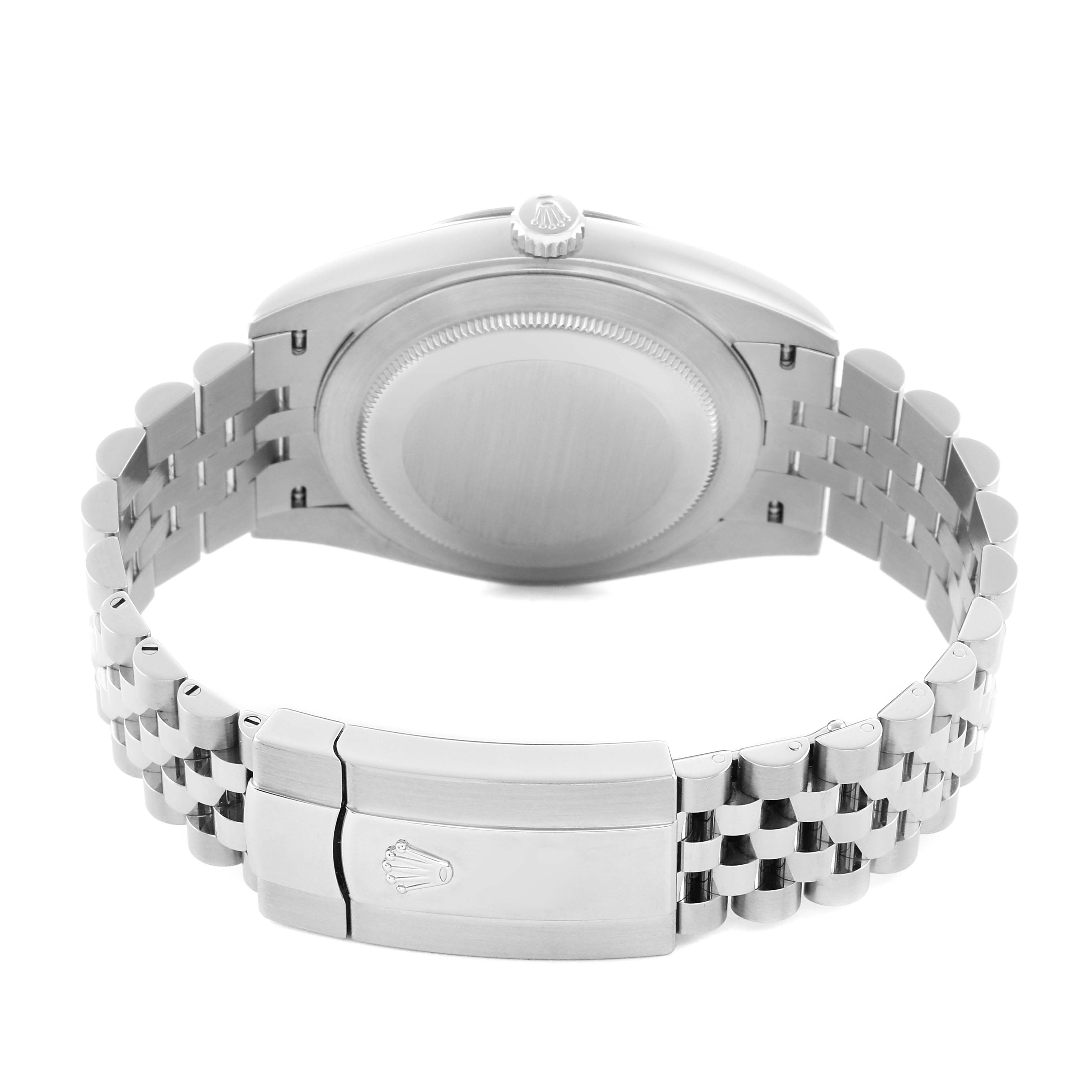 The image shows the back of the Rolex Datejust 41 126334 Men
s Stainless Steel Blue Dial, highlighting the case back, clasp, and bracelet links.