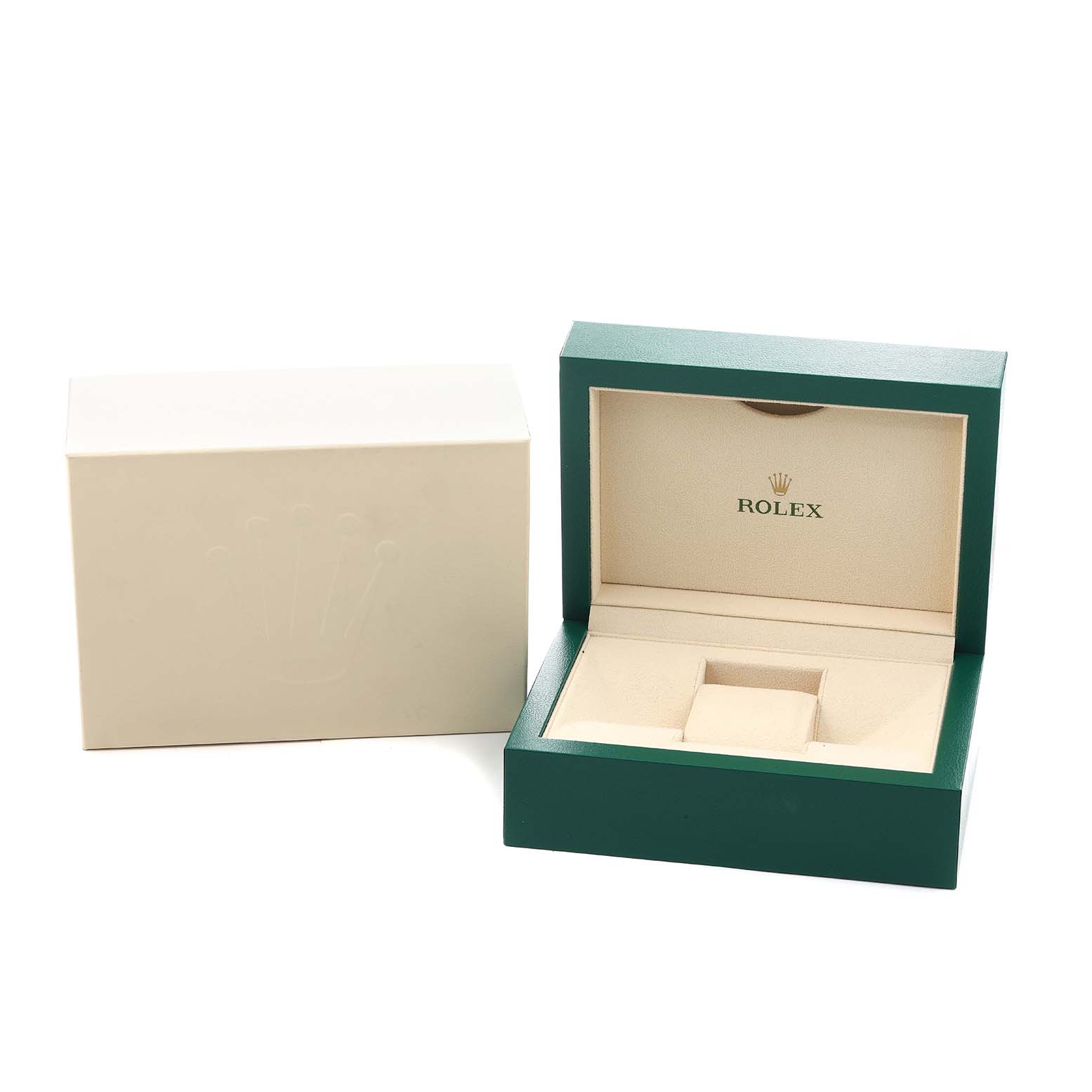 The image shows an open green Rolex box, likely for a Datejust 41 model, with an outer cream-colored sleeve.