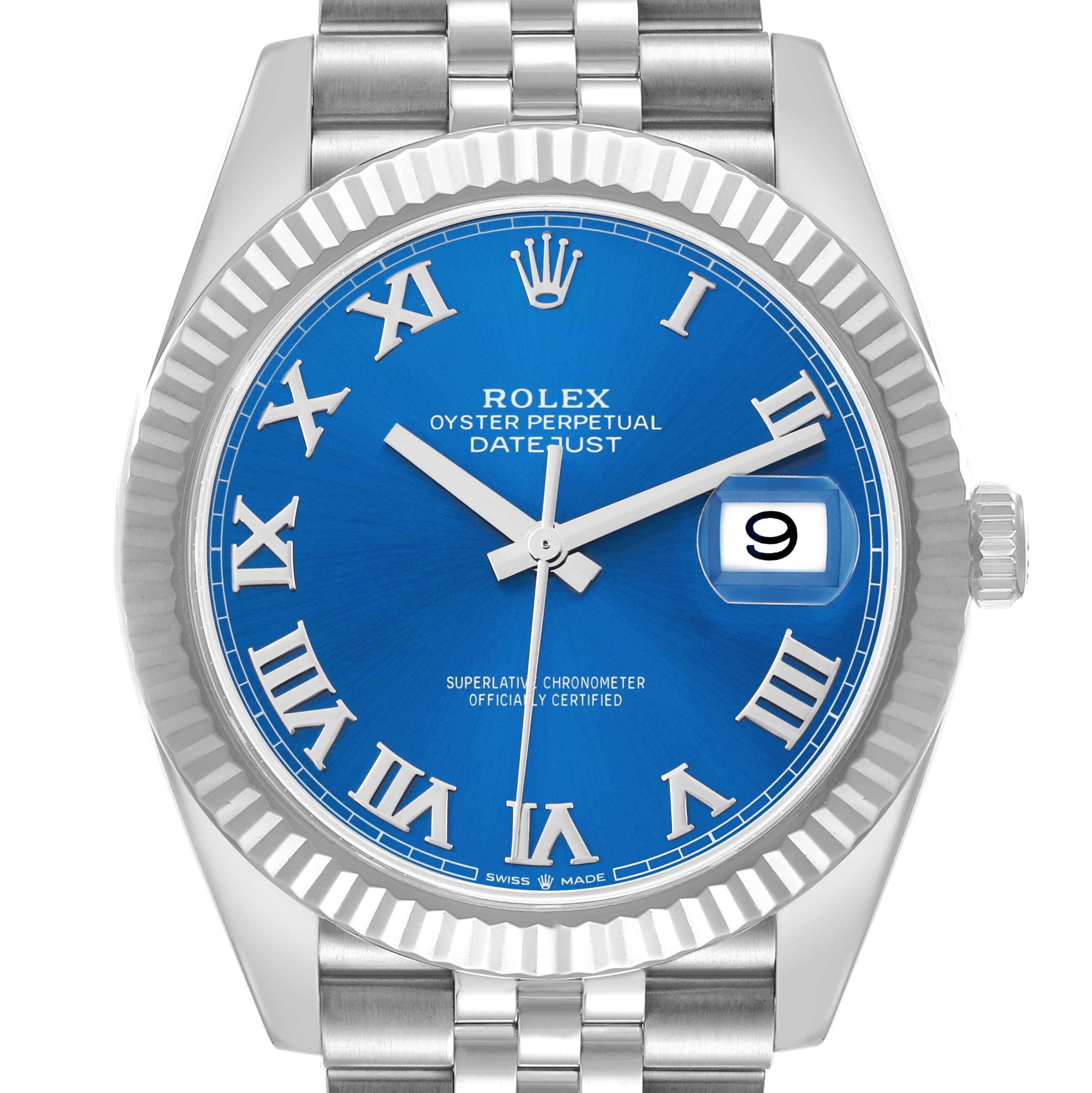 The Rolex Datejust 41 126334 Men
s Stainless Steel Blue Dial is shown from a front view, displaying the blue dial, Roman numerals, and date window.