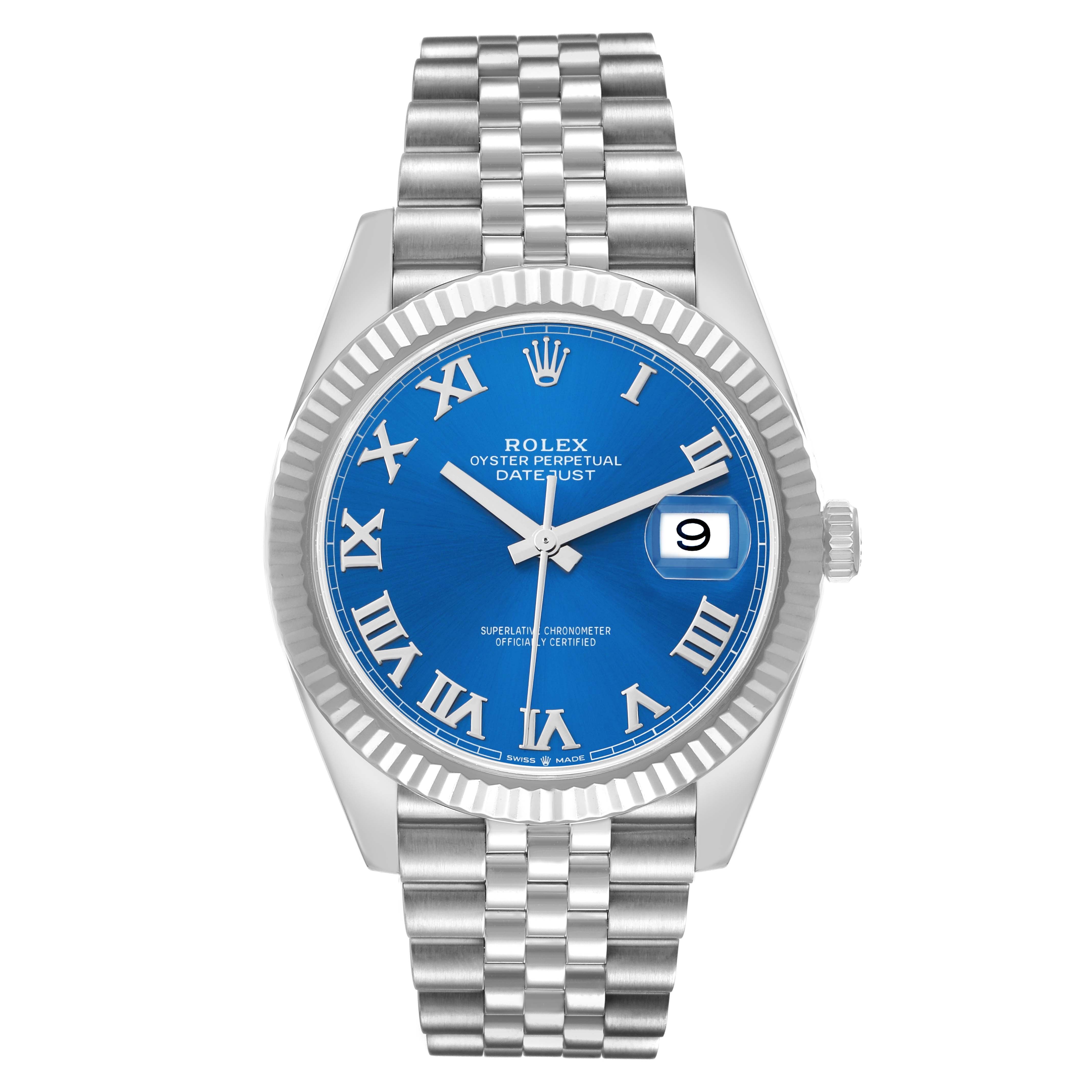 The Rolex Datejust 41 126334 Men
s Stainless Steel Blue Dial is shown from a front angle, highlighting its blue dial, Roman numerals, date window, and jubilee bracelet.