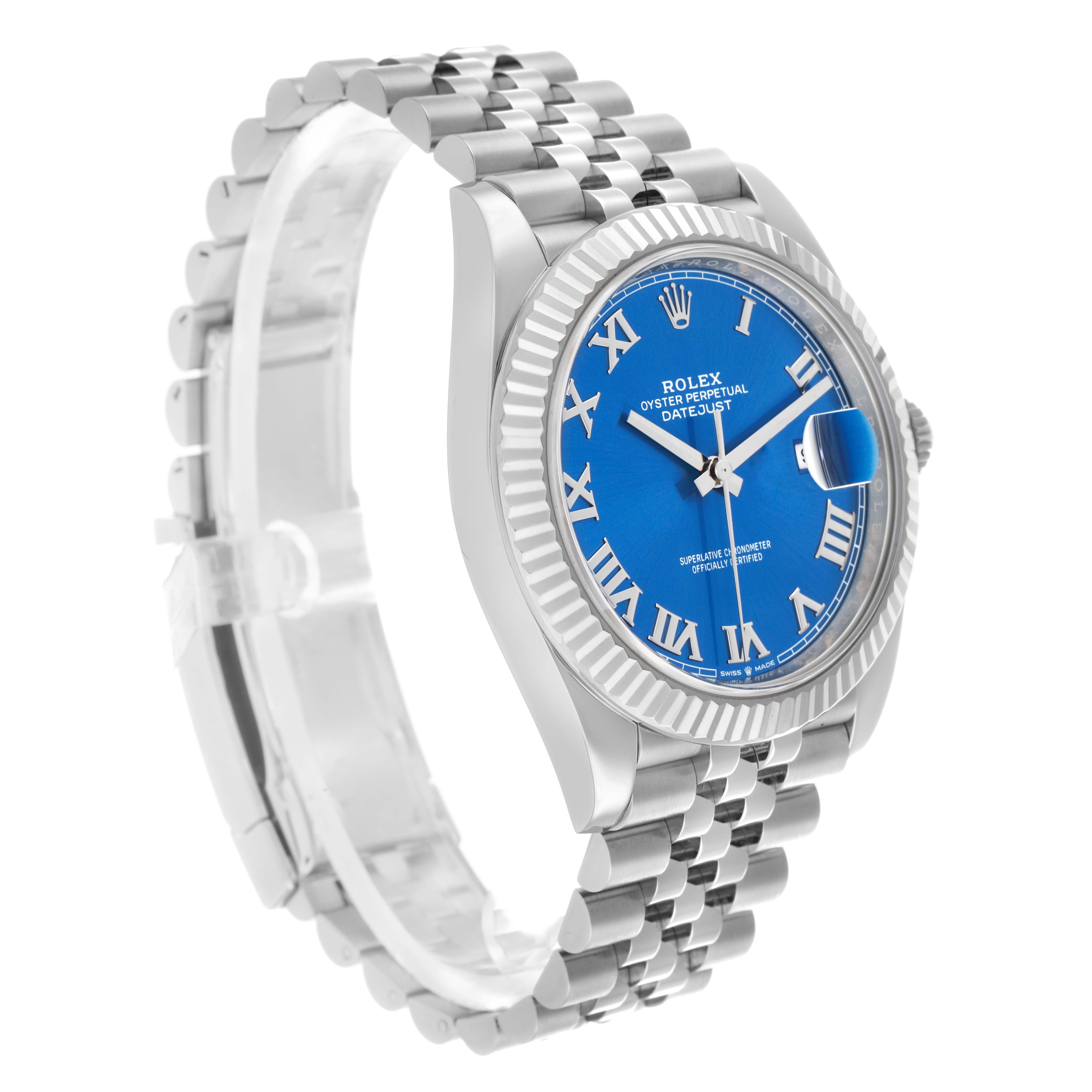 The Rolex Datejust 41 126334 Men
s Stainless Steel Blue Dial is shown at a three-quarter angle, displaying the blue dial, fluted bezel, and Jubilee bracelet.