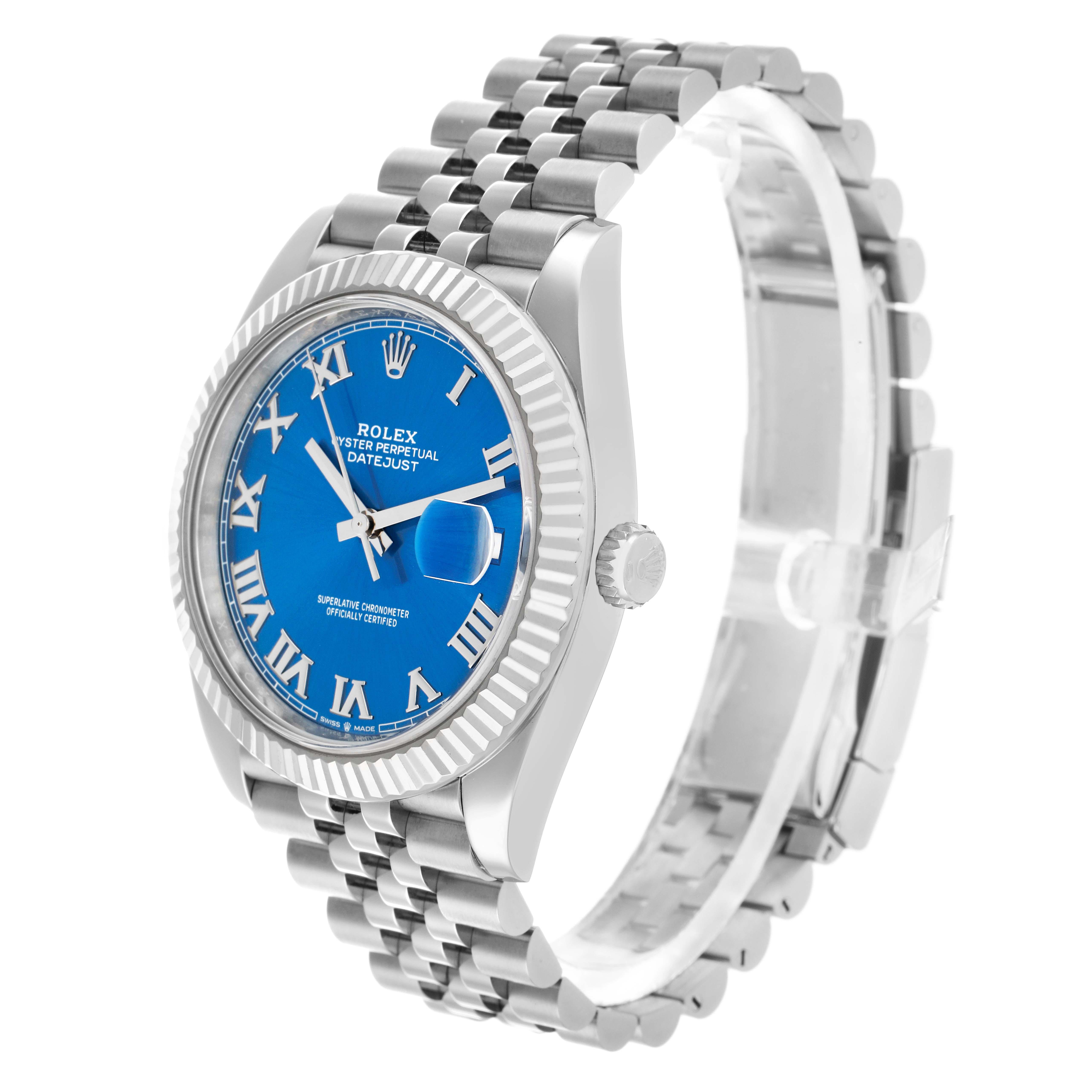 The Rolex Datejust 41 126334 Men
s Stainless Steel Blue Dial is shown at a three-quarter angle, displaying the blue dial, fluted bezel, and Jubilee bracelet.