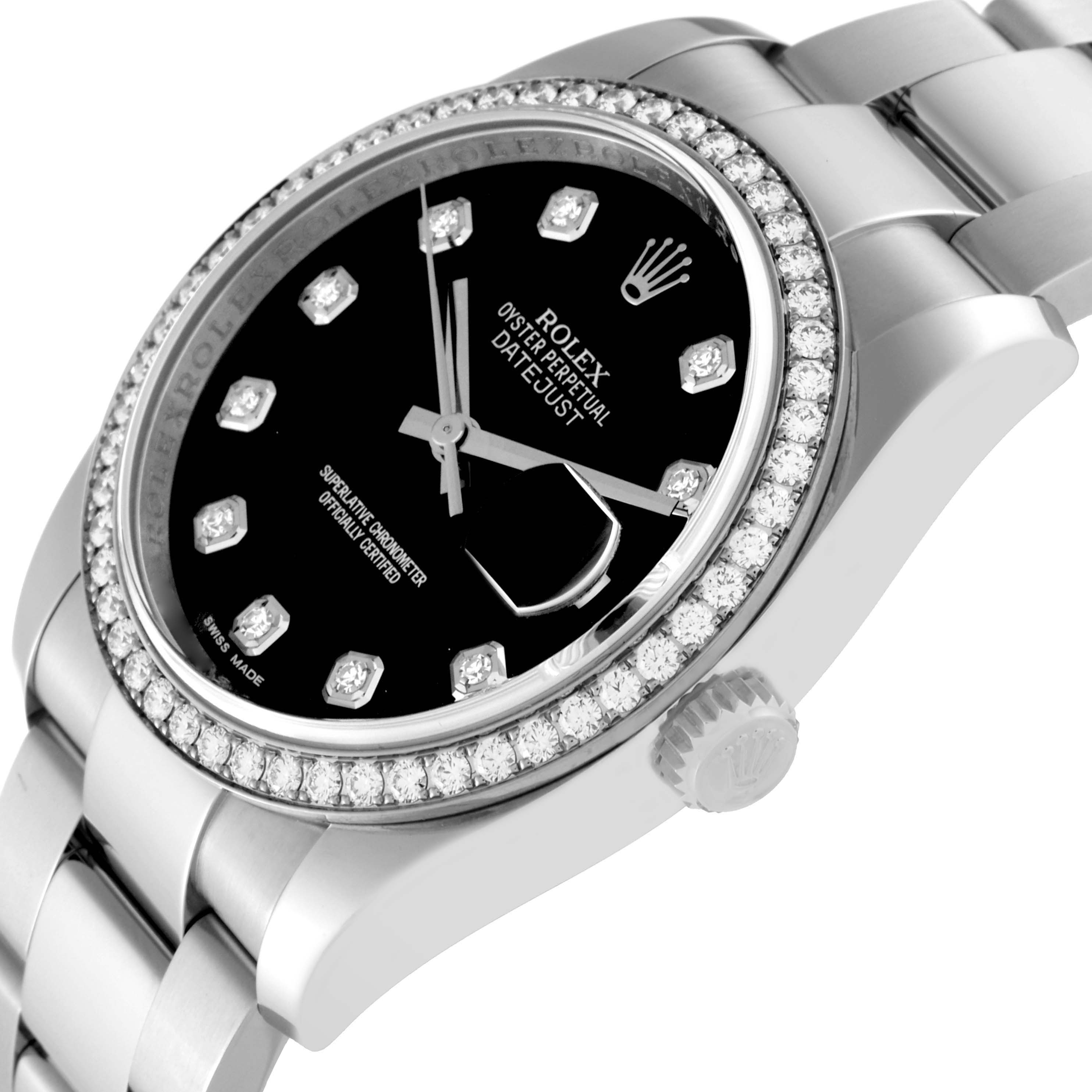 This Rolex Datejust 116244 Men's Stainless Steel Black Dial 116244 Men's Stainless Steel Black Dial watch is shown at a tilted angle, displaying the crown, dial, bezel, and part of the bracelet.
