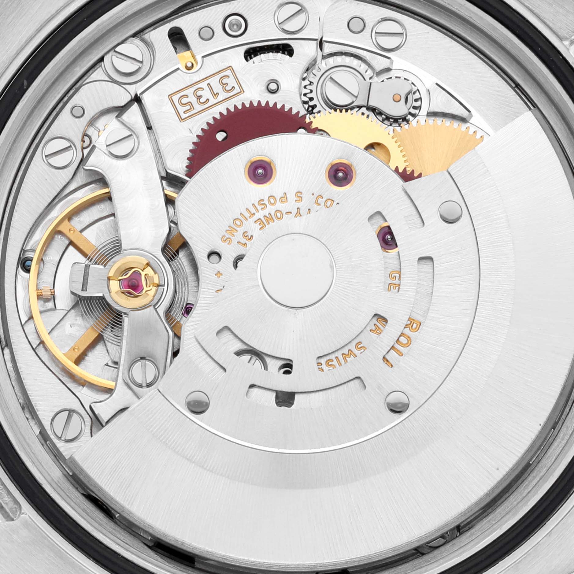 The image shows a close-up view of the movement mechanism of a Rolex Datejust 116244 Men's Stainless Steel Black Dial 116244 Men's Stainless Steel Black Dial watch, highlighting gears and internal components.