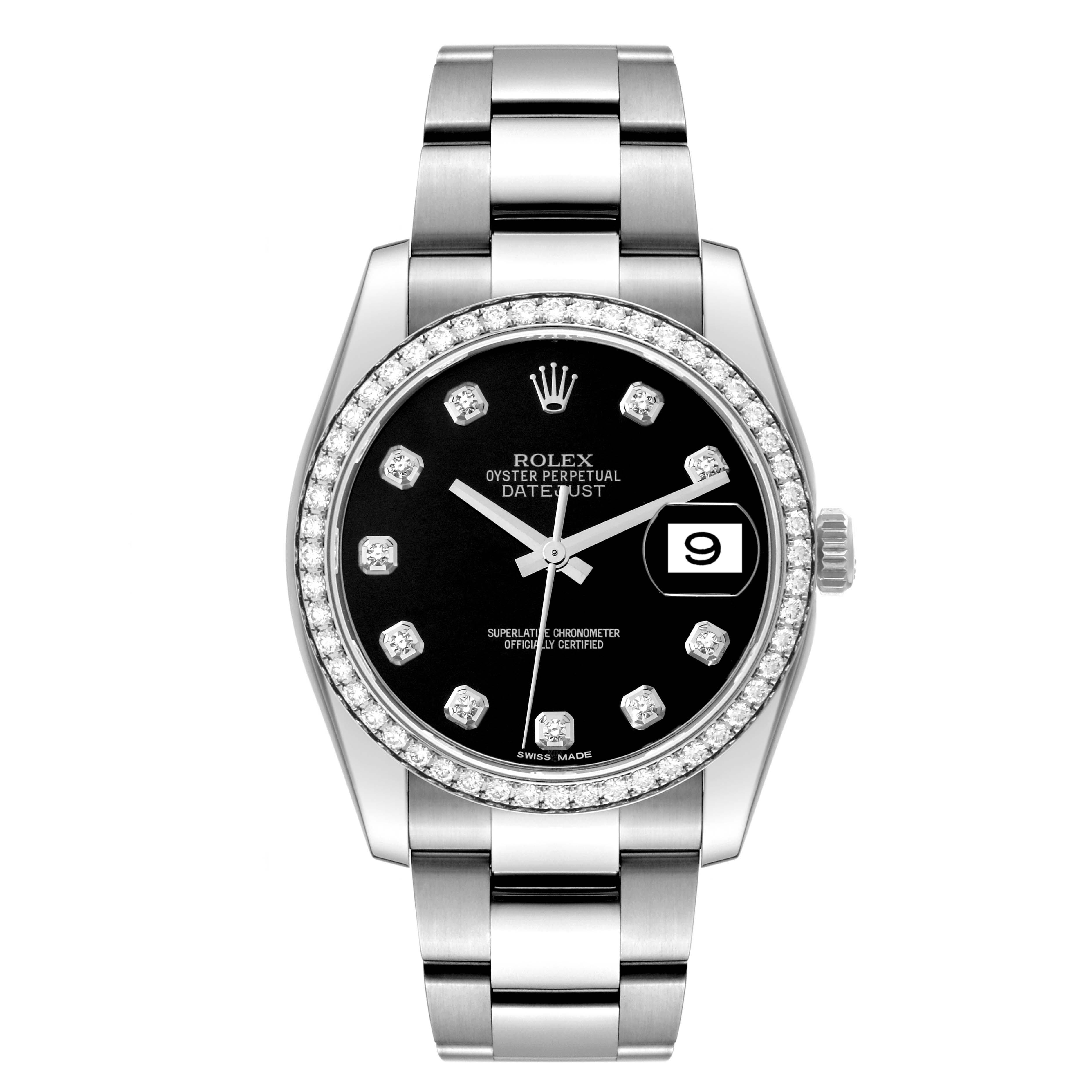 This image showcases a front view of the Rolex Datejust 116244 Men's Stainless Steel Black Dial 116244 Men's Stainless Steel Black Dial watch, displaying its black dial, diamond hour markers, date window, and stainless steel bracelet.