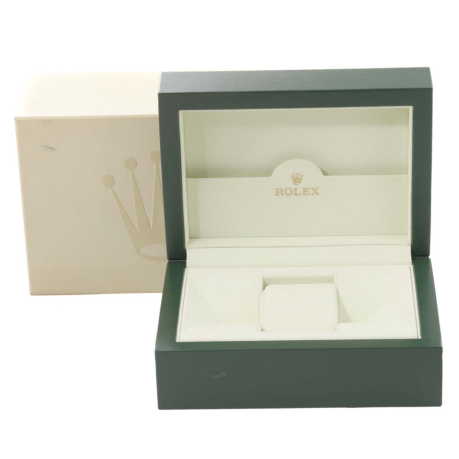 The image shows an empty Rolex Datejust 116244 Men's Stainless Steel Black Dial 116244 Men's Stainless Steel Black Dial watch box, open with the watch holder pad inside.