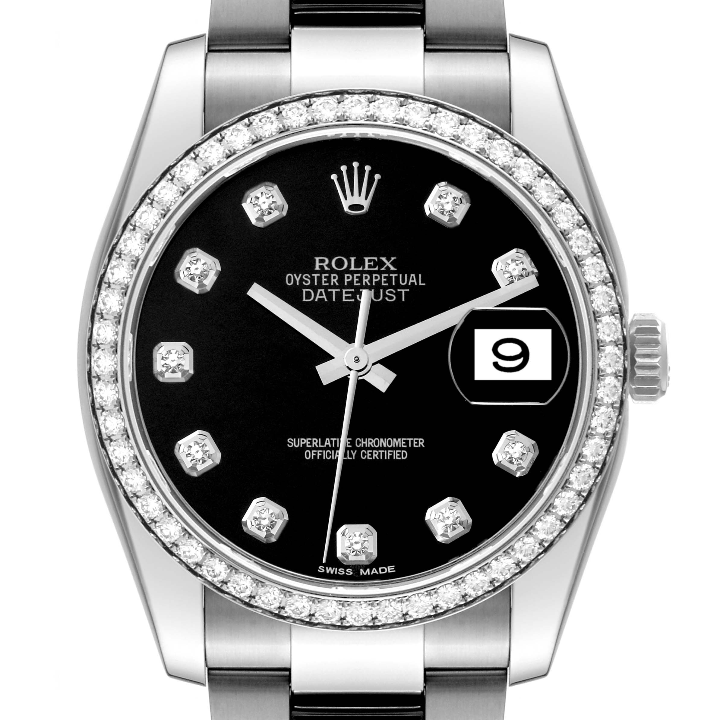 The image shows a frontal view of a Rolex Datejust 116244 Men's Stainless Steel Black Dial 116244 Men's Stainless Steel Black Dial watch, highlighting the black dial, diamond bezel, and date display.