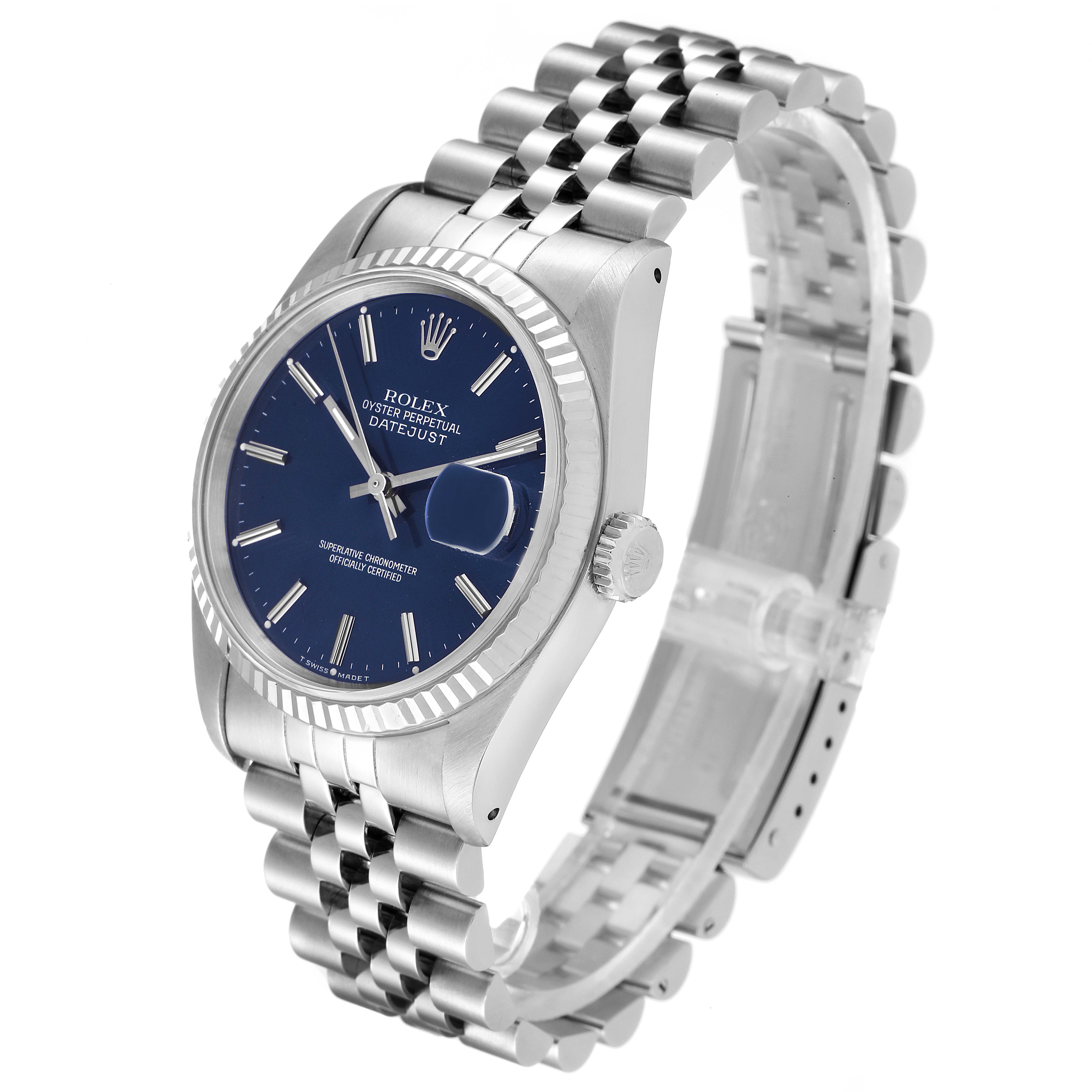 This Rolex Datejust 16234 Men's Stainless Steel Silver Dial 16234 Men's Stainless Steel Silver Dial watch is shown at a three-quarter angle, displaying its blue dial, fluted bezel, and Jubilee bracelet.