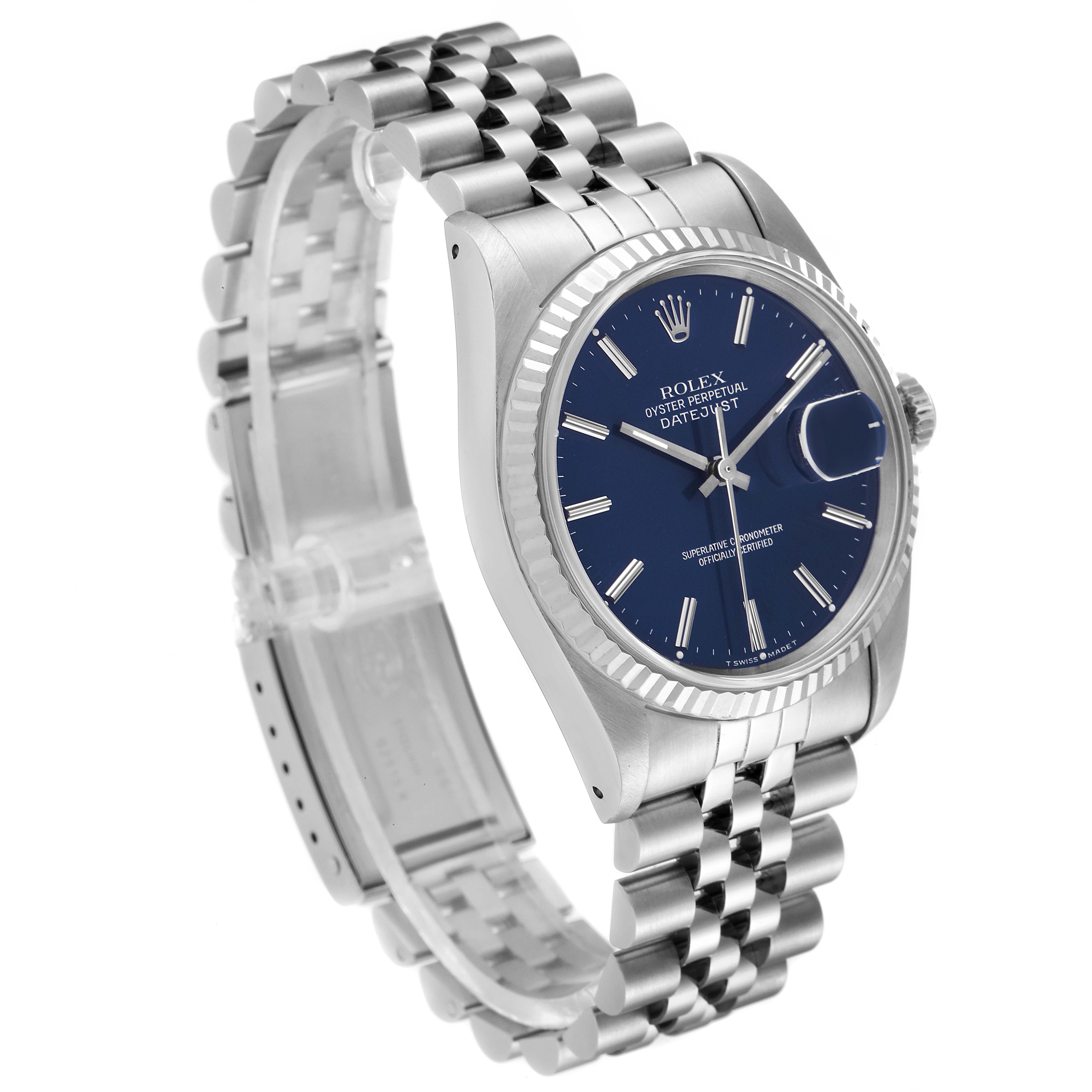 This is a Rolex Datejust 16234 Men's Stainless Steel Silver Dial 16234 Men's Stainless Steel Silver Dial watch shown from a three-quarter angle displaying its face, crown, and Jubilee bracelet.