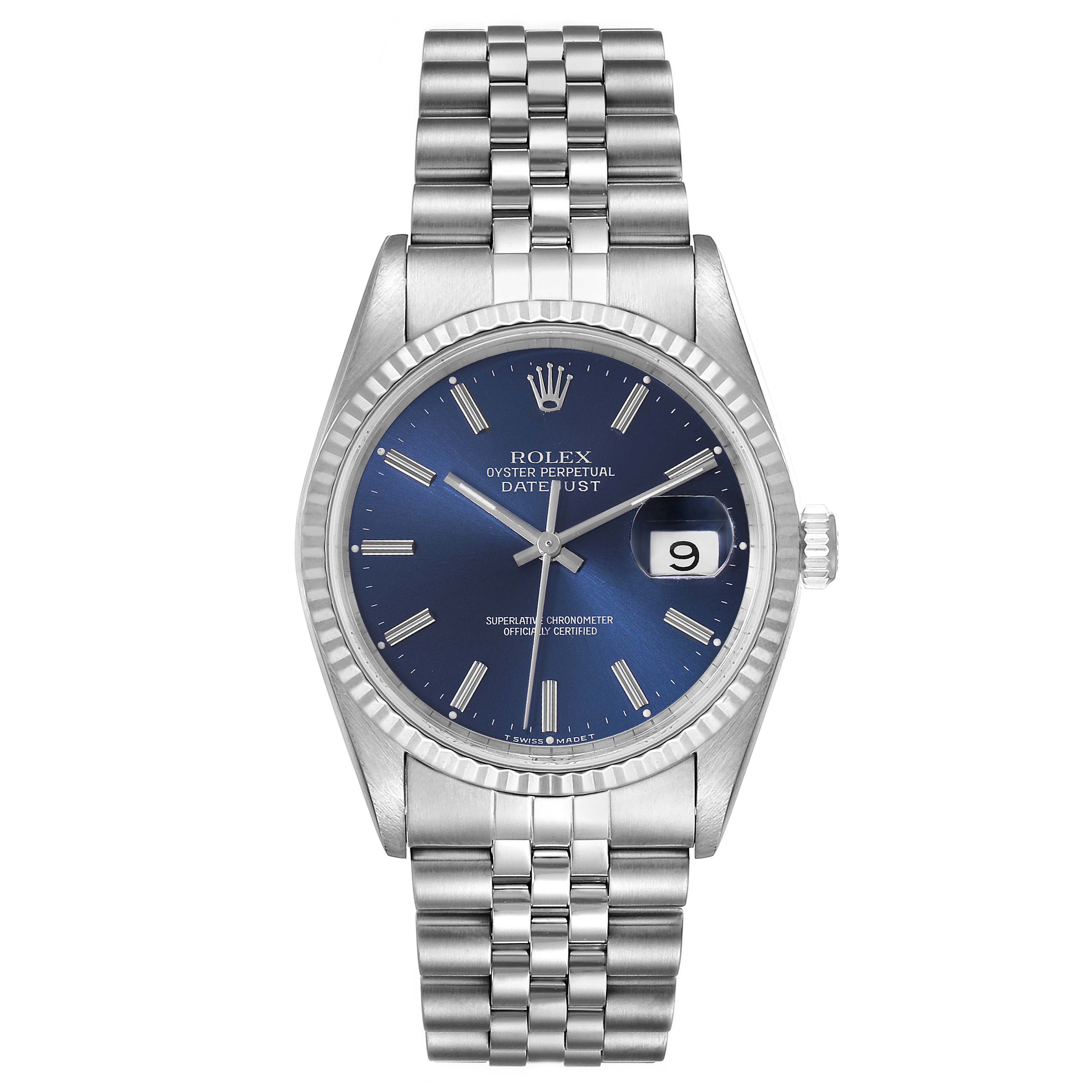 The image shows a frontal view of a Rolex Datejust 16234 Men's Stainless Steel Silver Dial 16234 Men's Stainless Steel Silver Dial watch with a blue dial and Jubilee bracelet.