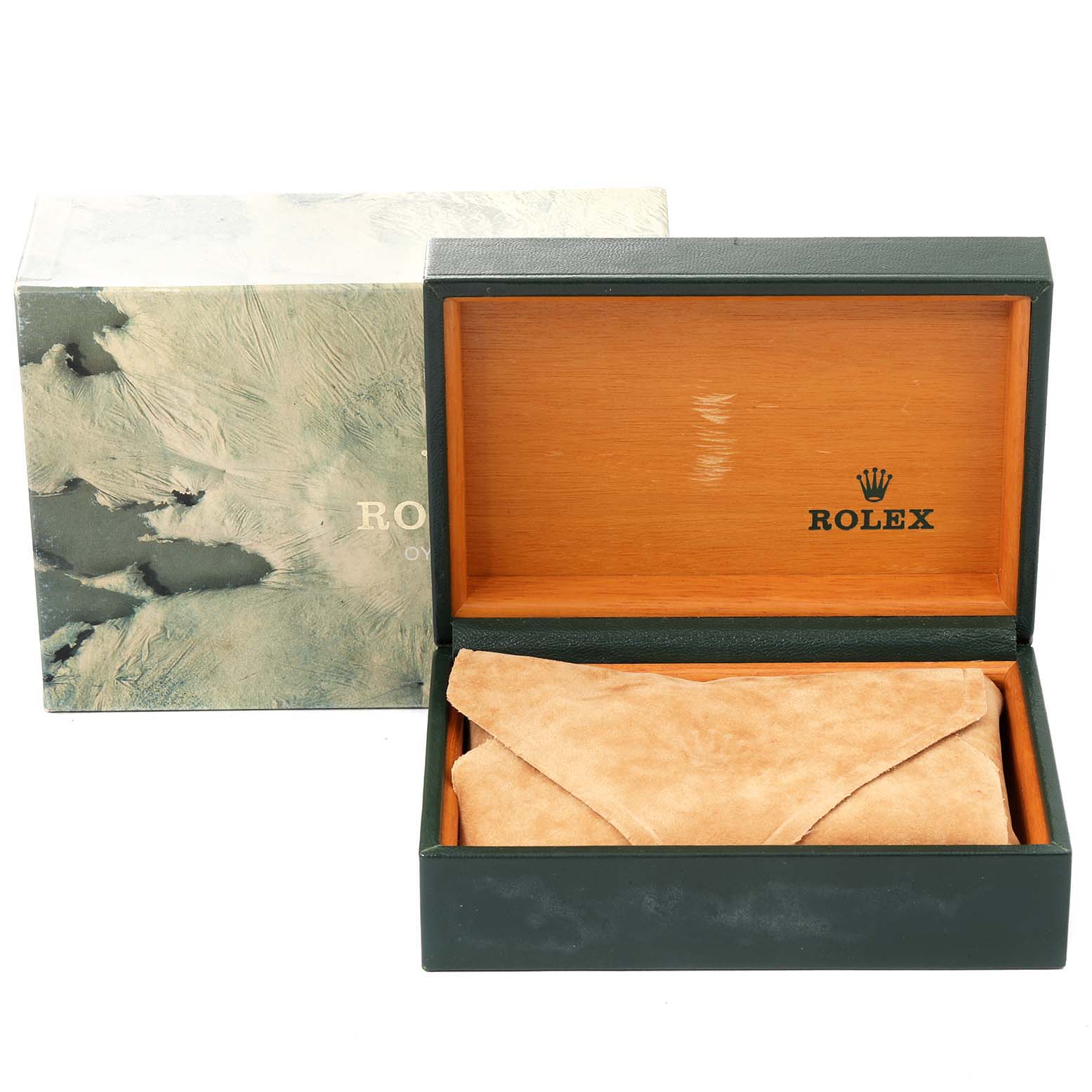 This image shows the luxury box and packaging for a Rolex Datejust 16234 Men's Stainless Steel Silver Dial 16234 Men's Stainless Steel Silver Dial watch model, featuring an outer box and an open inner box with a suede pouch.