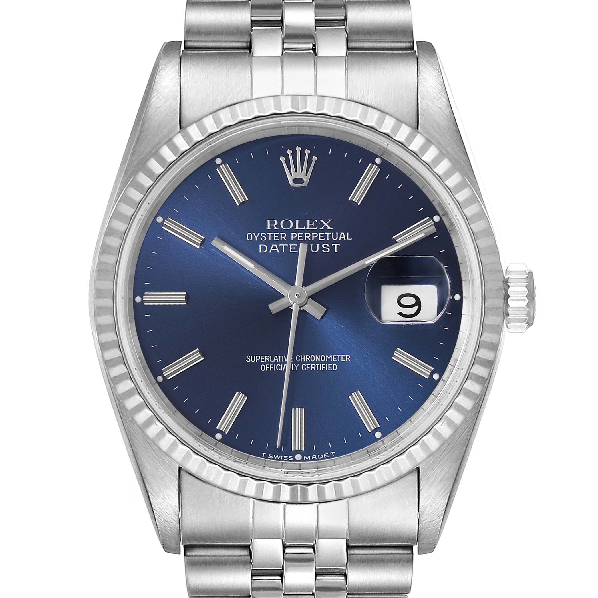 The image shows a front view of a Rolex Datejust 16234 Men's Stainless Steel Silver Dial 16234 Men's Stainless Steel Silver Dial watch with a blue dial, fluted bezel, and Jubilee bracelet.