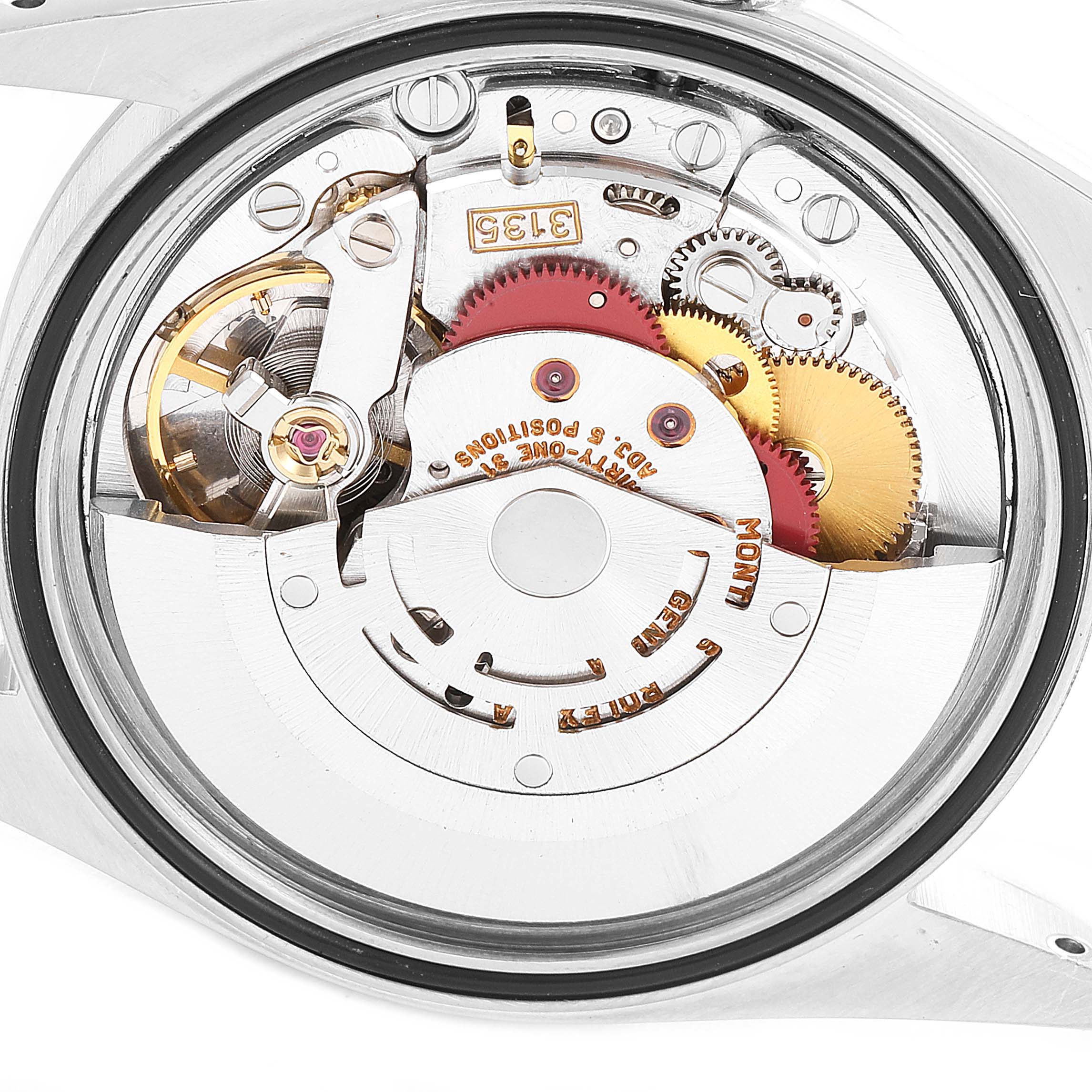 The image shows the internal mechanical parts of a Rolex Datejust 16234 Men's Stainless Steel Silver Dial 16234 Men's Stainless Steel Silver Dial watch, focusing on the movement mechanism.