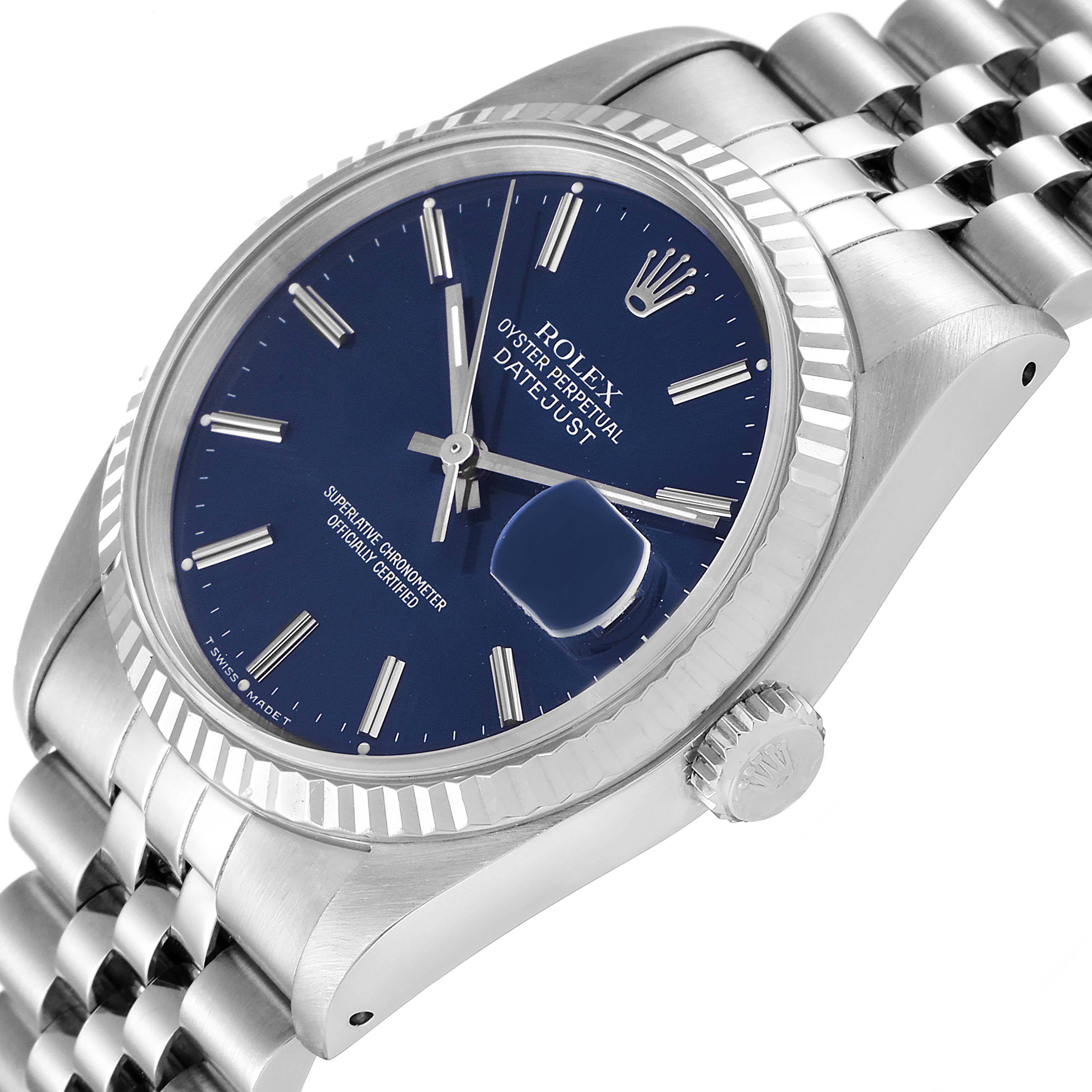 This Rolex Datejust 16234 Men's Stainless Steel Silver Dial 16234 Men's Stainless Steel Silver Dial watch is shown at an angle revealing the face, crown, and part of the bracelet.