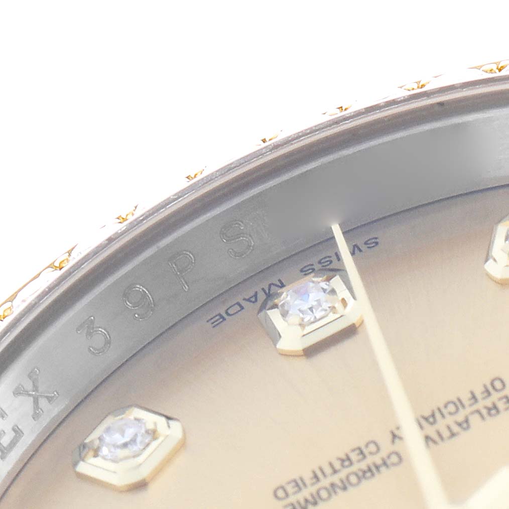 The image shows a close-up of the Rolex Datejust 116243 Men's Steel and Gold (two tone) Champagne Dial model, focusing on the dial, diamonds, and inner bezel engraving.