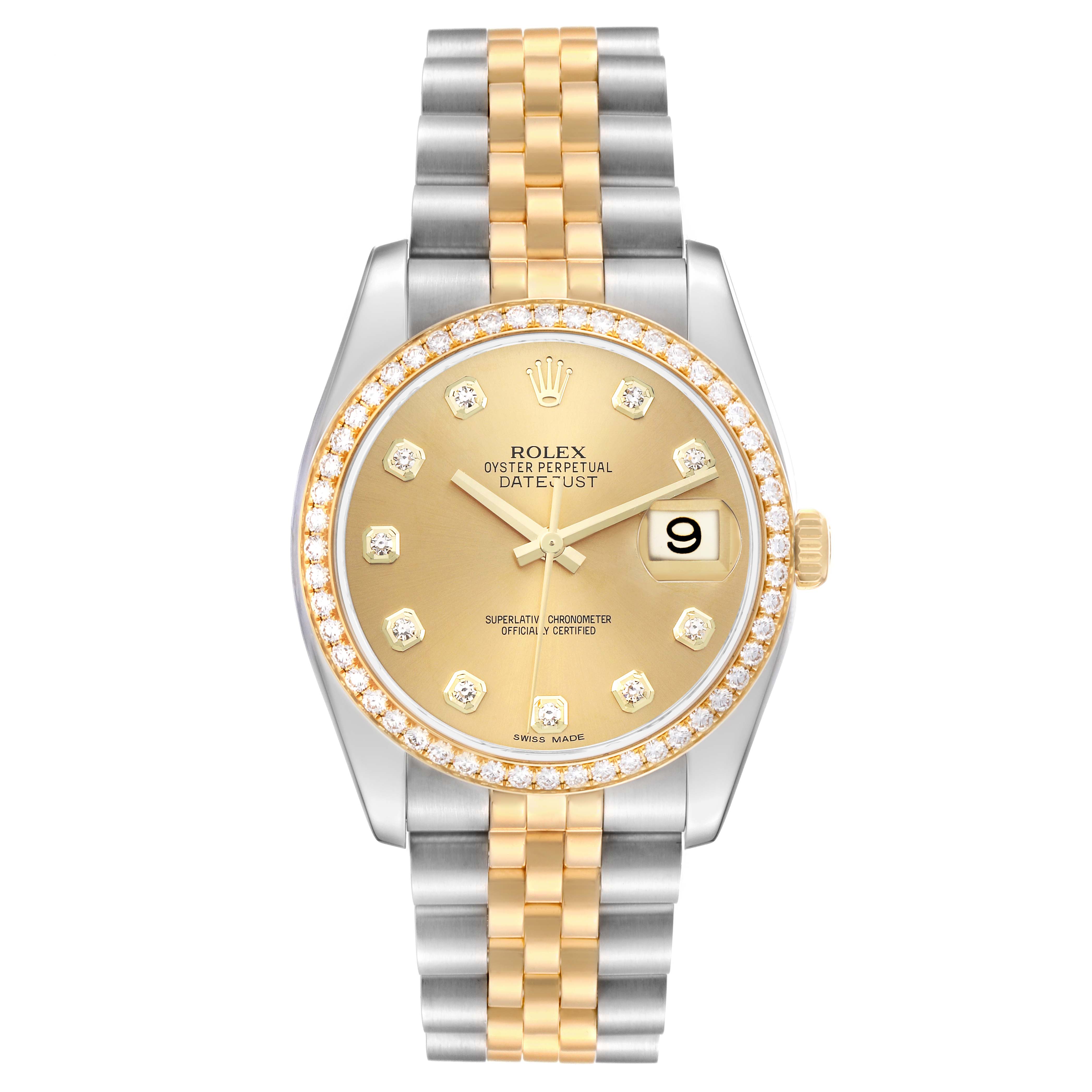 The Rolex Datejust 116243 Men's Steel and Gold (two tone) Champagne Dial watch is shown from the front, highlighting the dial, hands, bezel, and bracelet.