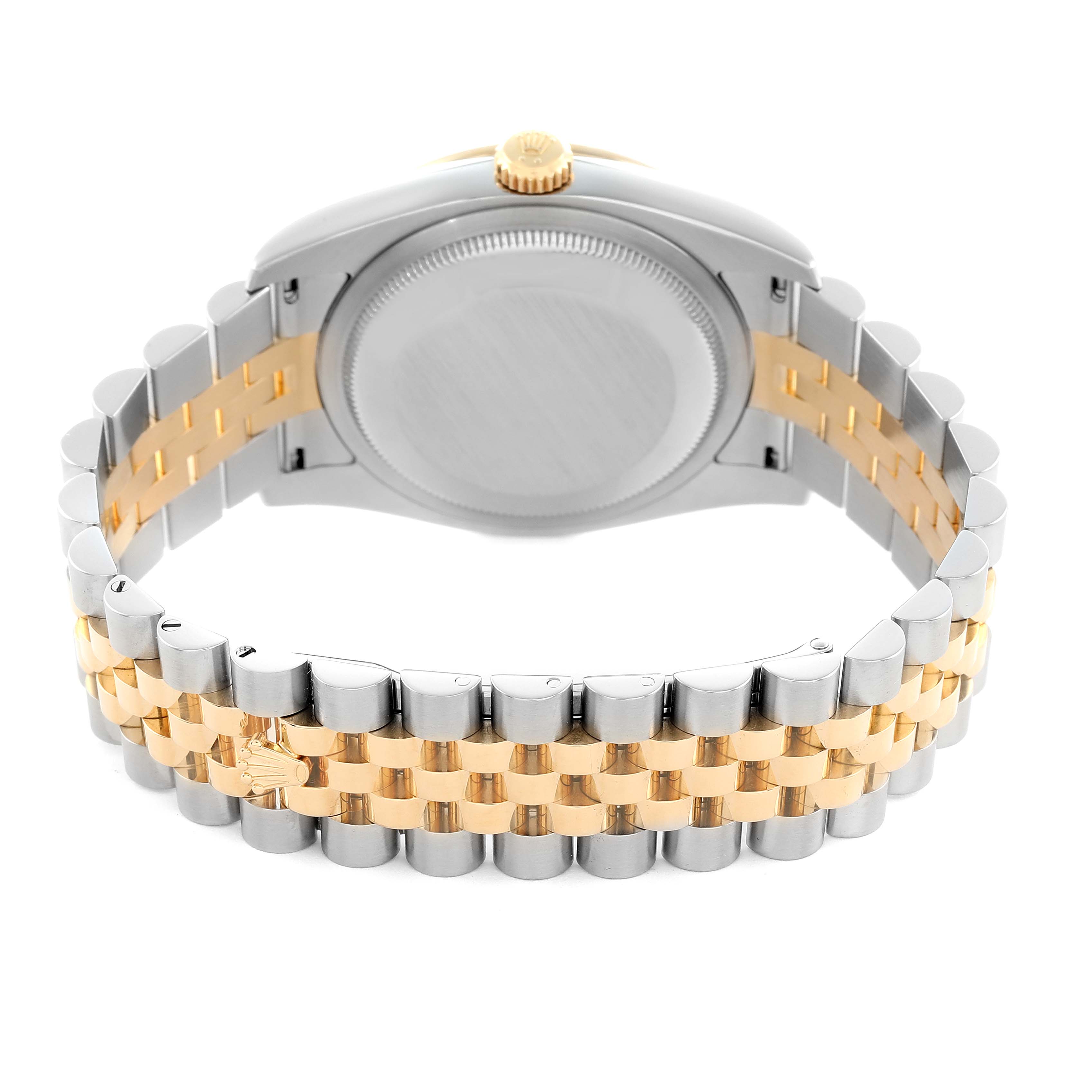 The image shows the case back and the Jubilee bracelet of a Rolex Datejust 116243 Men's Steel and Gold (two tone) Champagne Dial, featuring a stainless steel and gold tone.
