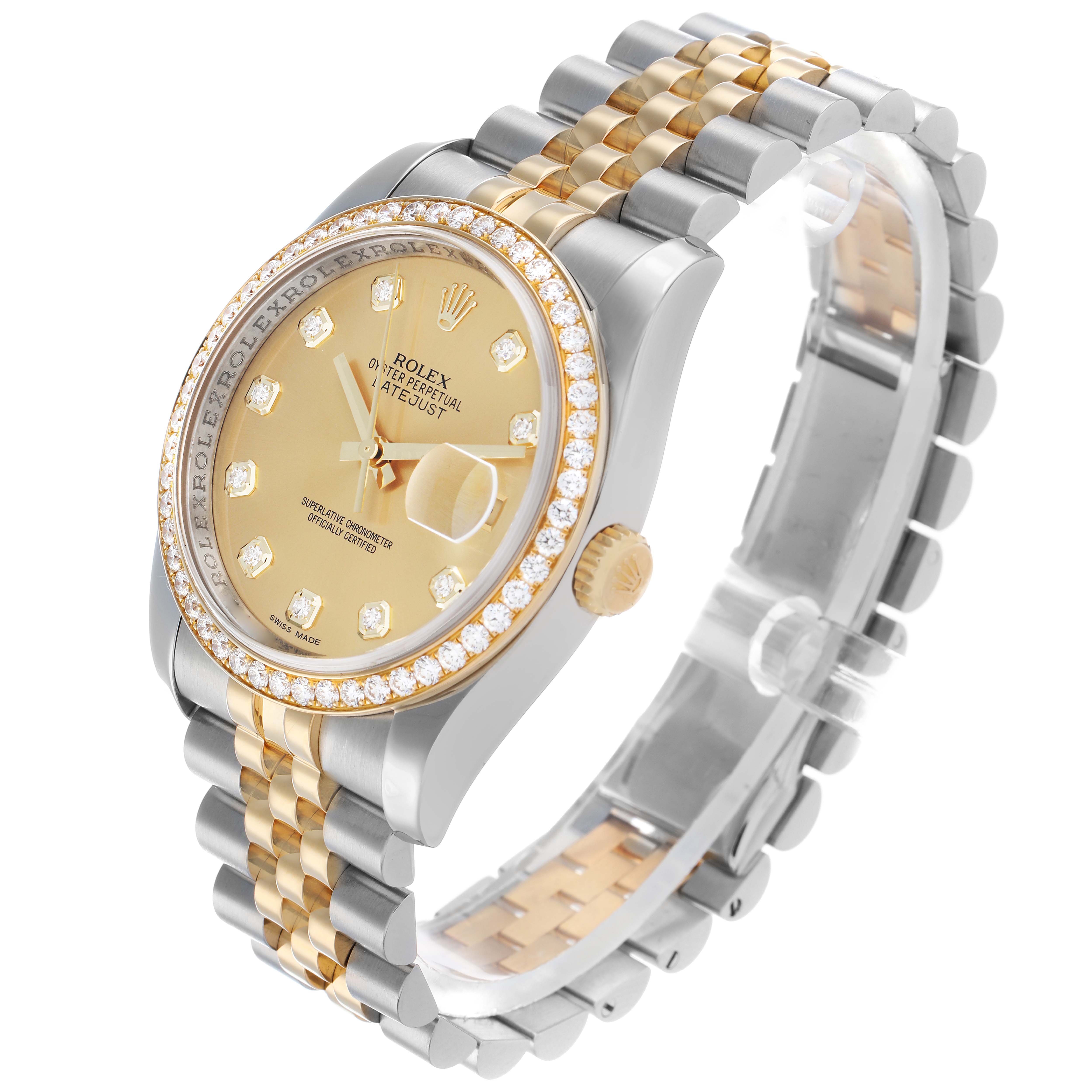The Rolex Datejust 116243 Men's Steel and Gold (two tone) Champagne Dial watch is shown at a three-quarter angle, displaying the face, crown, bezel, and Jubilee bracelet.