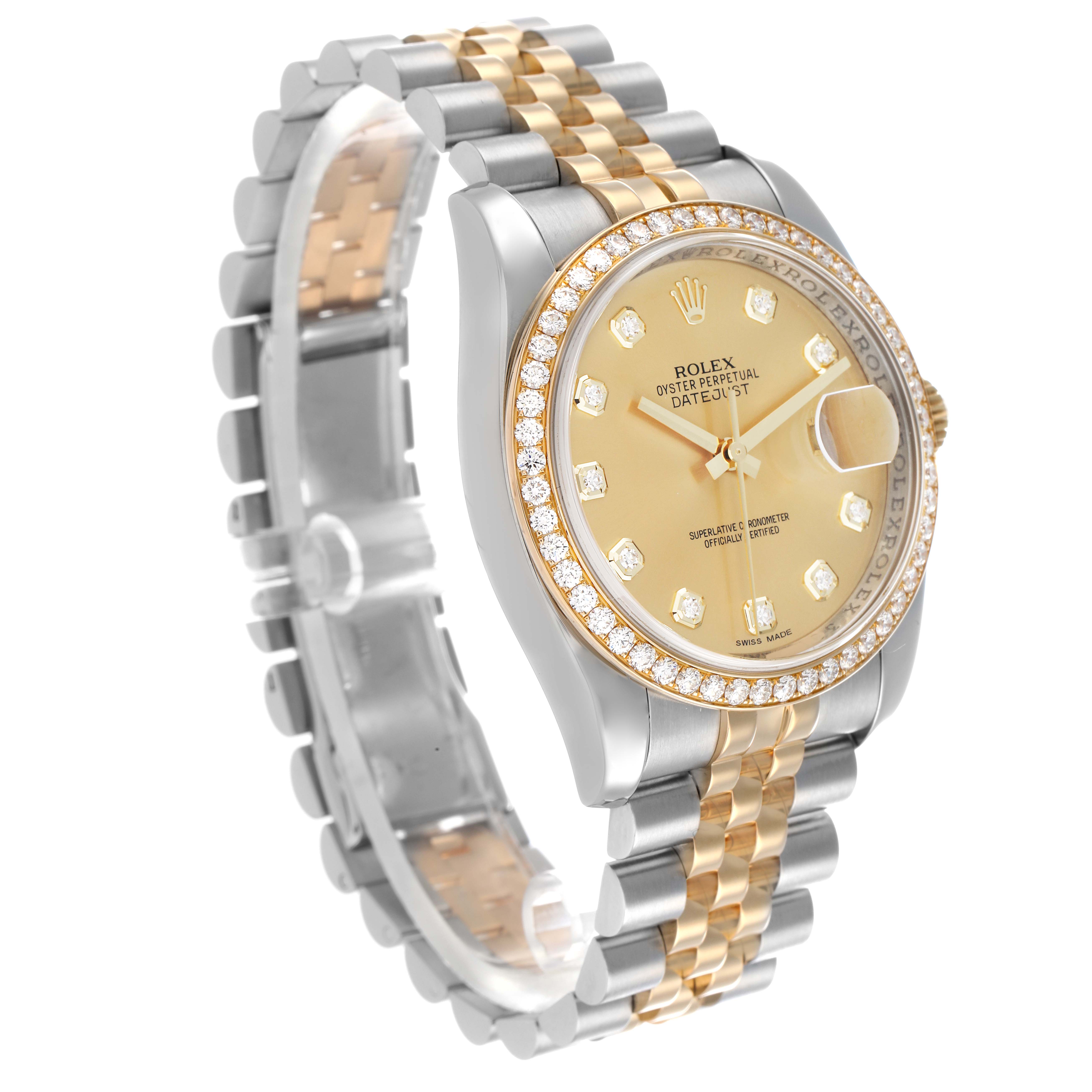 The Rolex Datejust 116243 Men's Steel and Gold (two tone) Champagne Dial is shown at a three-quarter angle, displaying the dial, bezel, and Jubilee bracelet.