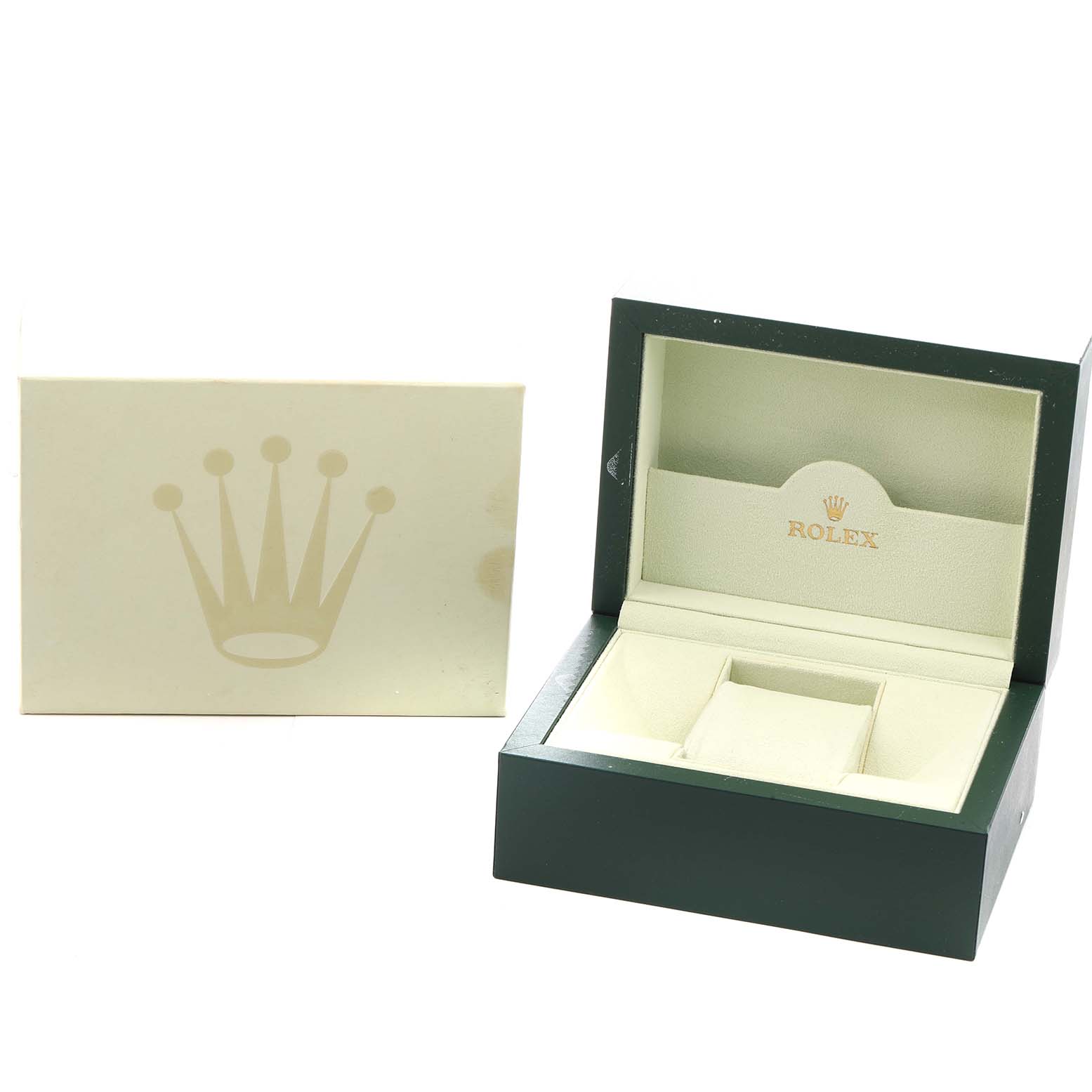 The image shows a Rolex Datejust 116243 Men's Steel and Gold (two tone) Champagne Dial watch box at an angle, including the inner cushion and outer packaging.