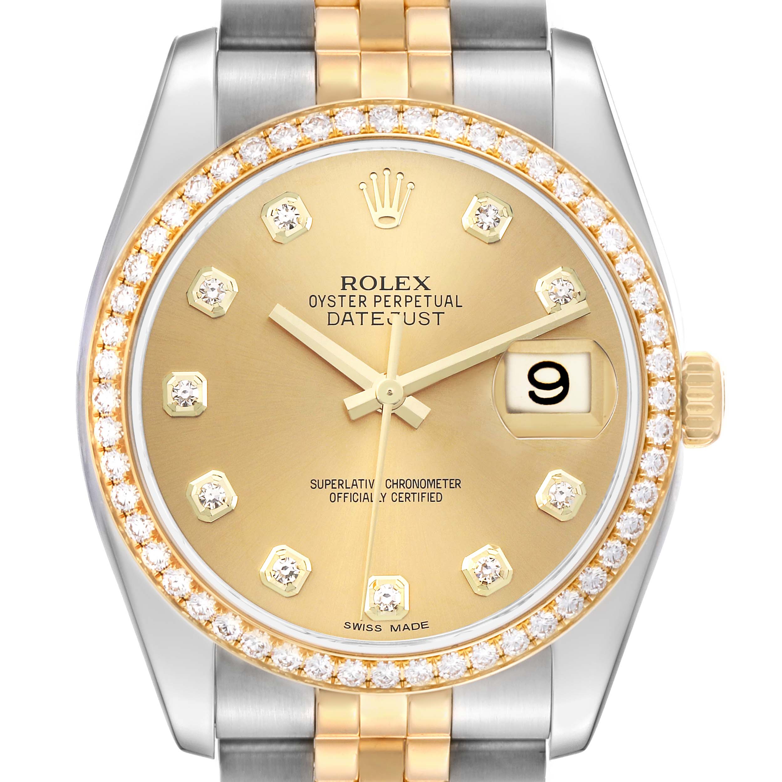 The image shows a front view of the Rolex Datejust 116243 Men's Steel and Gold (two tone) Champagne Dial watch, highlighting its gold dial, diamond hour markers, and date feature.