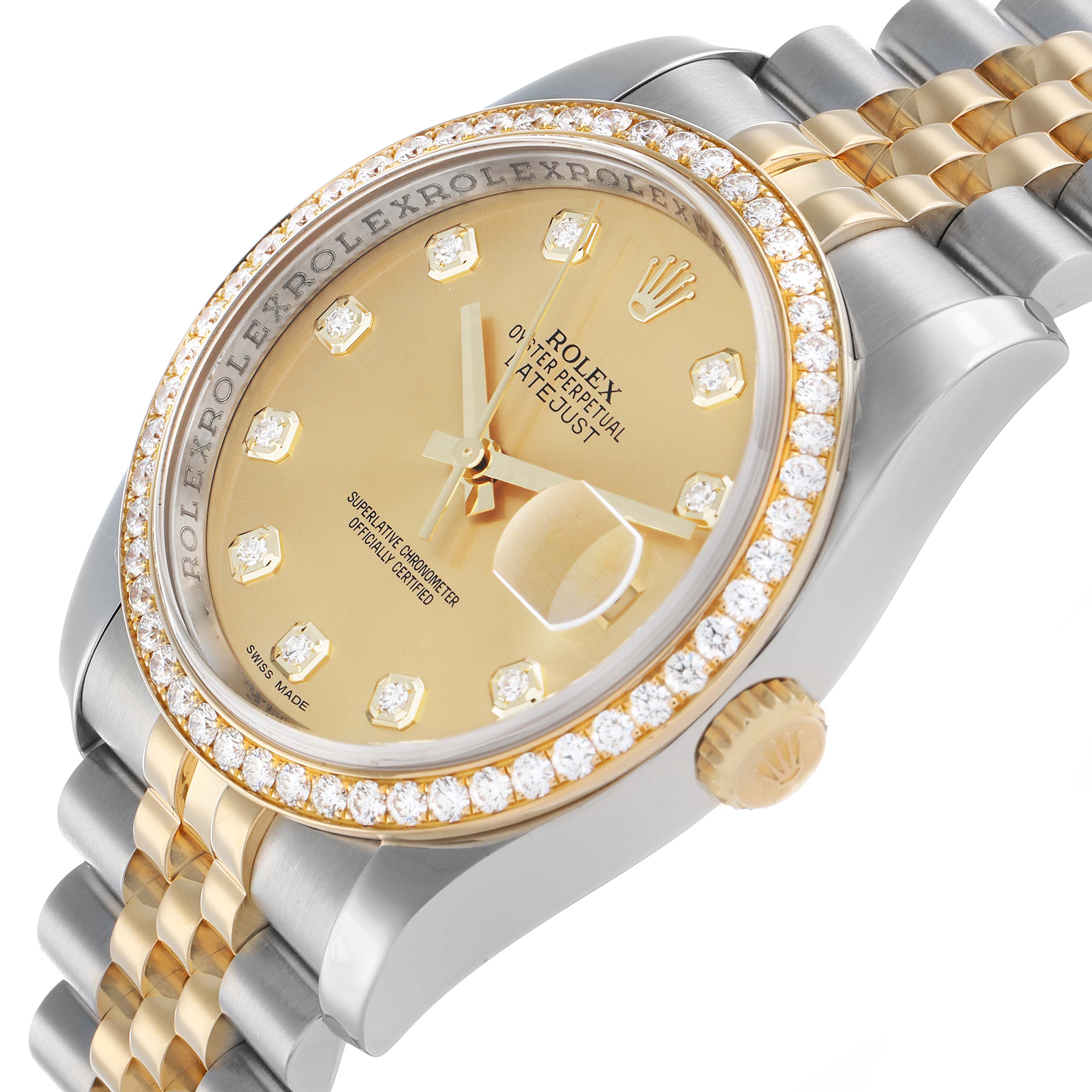 The Rolex Datejust 116243 Men's Steel and Gold (two tone) Champagne Dial watch is shown at a slight angle, highlighting the gold and silver bracelet, champagne dial, and diamond-set bezel.