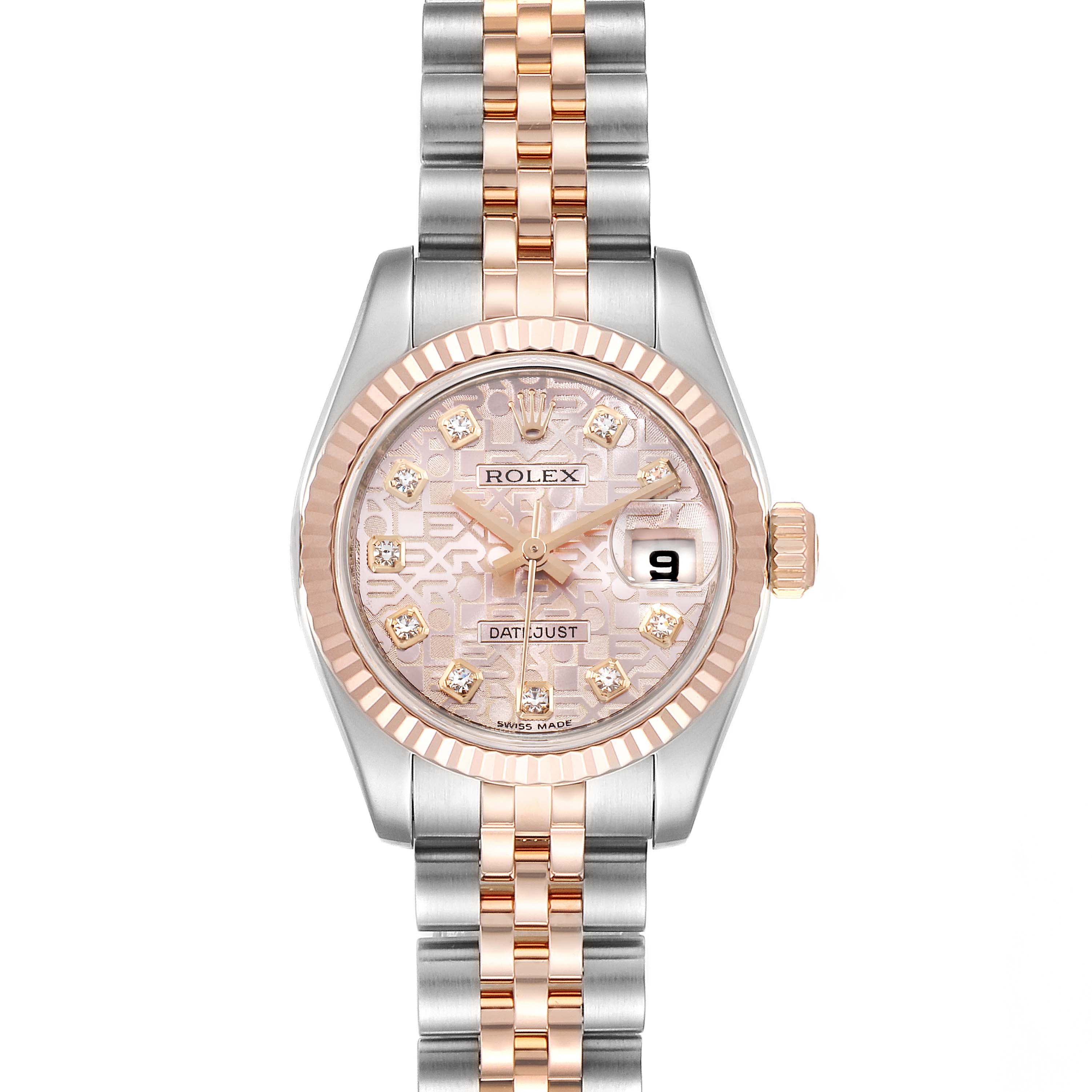 This Rolex Datejust 179171 Women's Rose Gold Pink Dial 179171 Women's Rose Gold Pink Dial watch is shown from a top-down angle, displaying the face, fluted bezel, crown, and Jubilee bracelet.