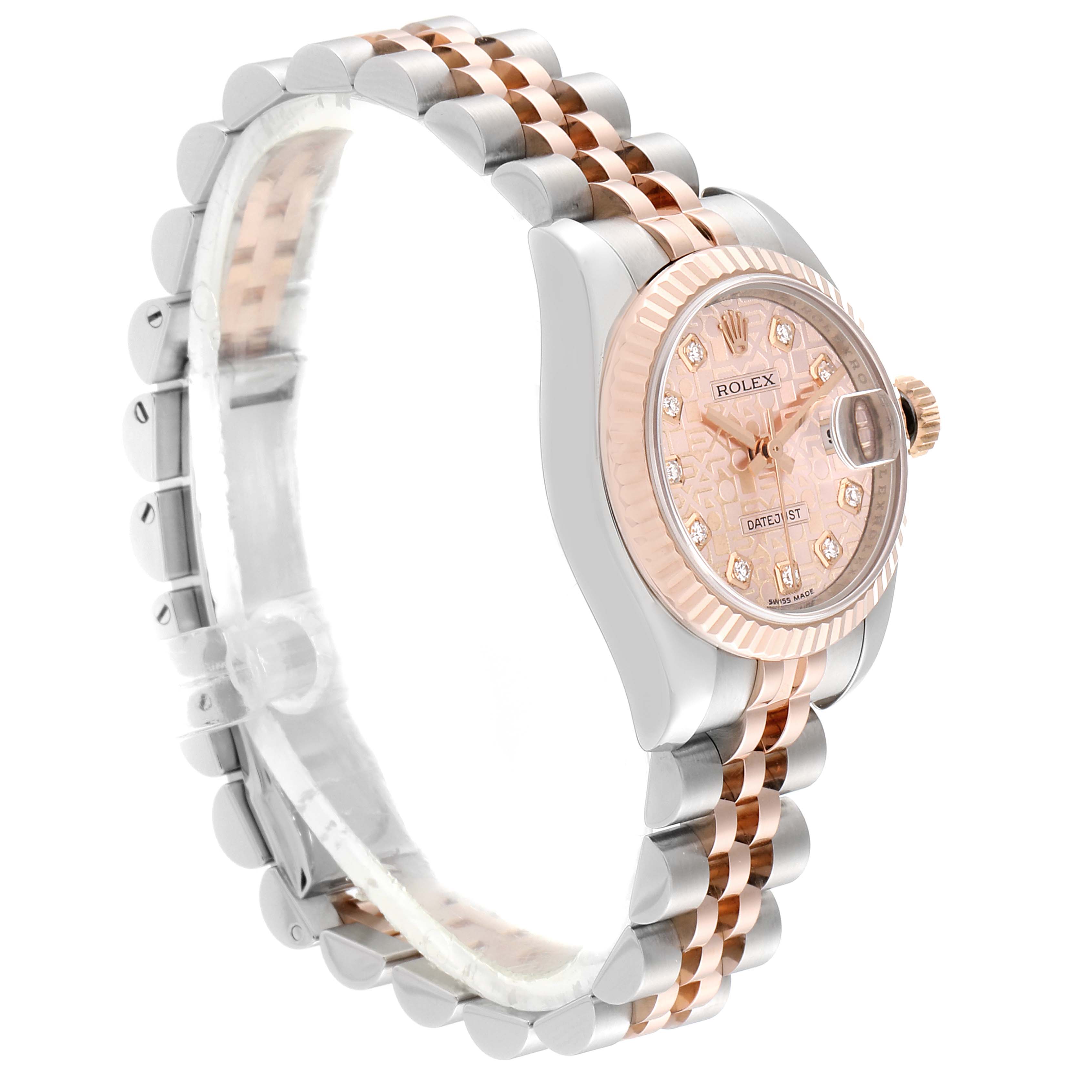 This image shows a Datejust model Rolex watch at a side angle with a two-tone bracelet and a rose-colored dial.