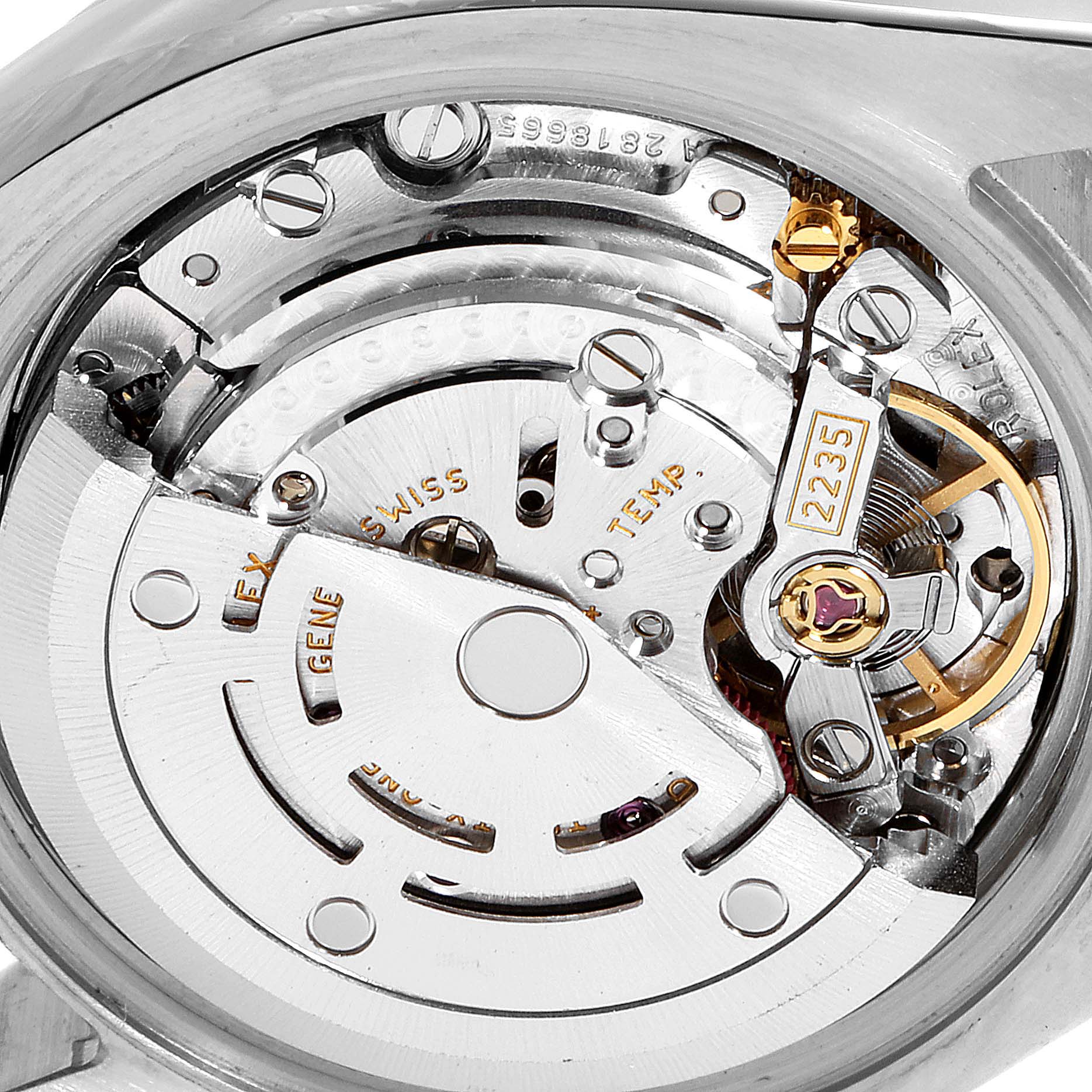 The image shows the internal mechanics of a Rolex Datejust 179171 Women's Rose Gold Pink Dial 179171 Women's Rose Gold Pink Dial watch from a close-up angle.