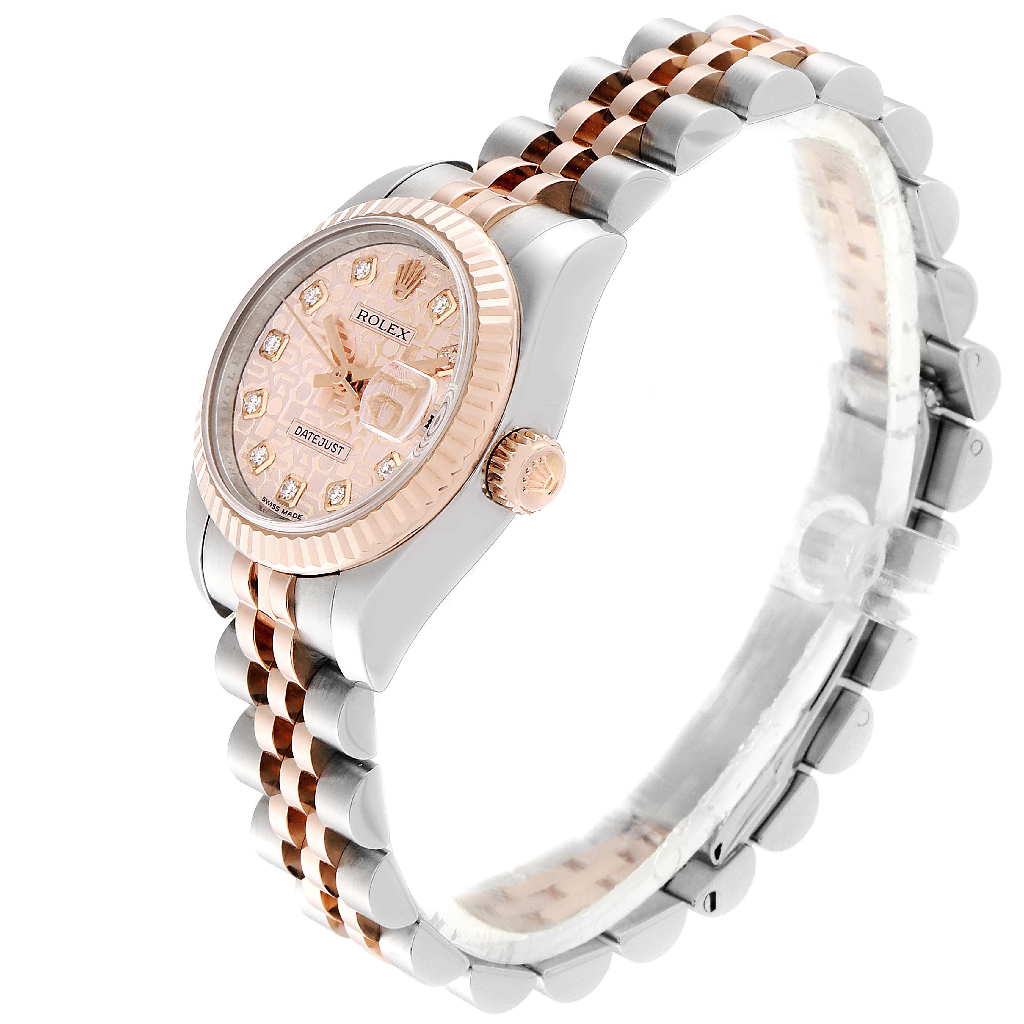 The image shows a side angle of the Rolex Datejust 179171 Women's Rose Gold Pink Dial 179171 Women's Rose Gold Pink Dial watch, highlighting its two-tone bracelet, crown, and diamond-accented dial.