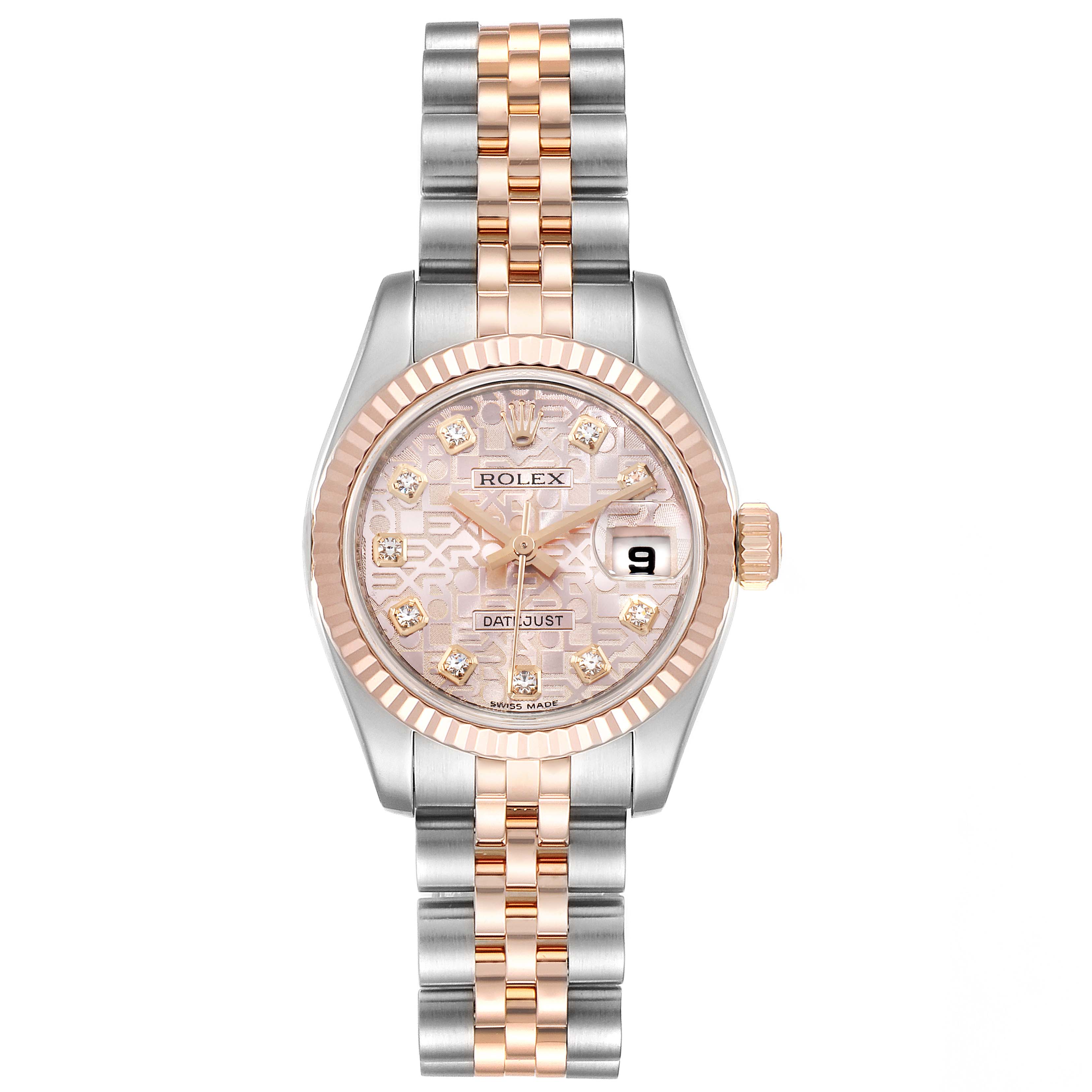 This image shows a Rolex Datejust 179171 Women's Rose Gold Pink Dial 179171 Women's Rose Gold Pink Dial watch from a front angle, highlighting the face, bezel, crown, and bracelet.