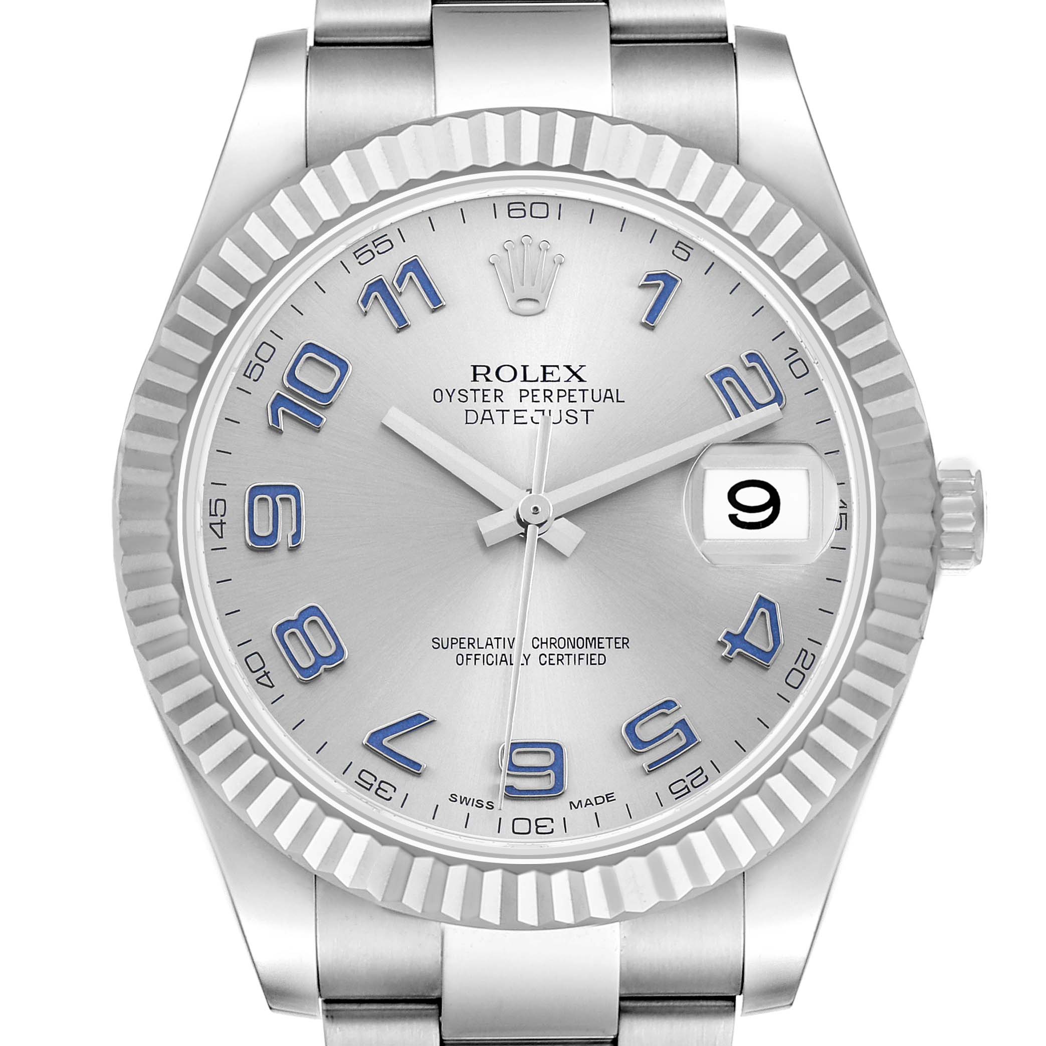 The Rolex Datejust 41 116334 Men
s Stainless Steel Silver Dial model is viewed from the front, showing its dial, bezel, and part of the bracelet.