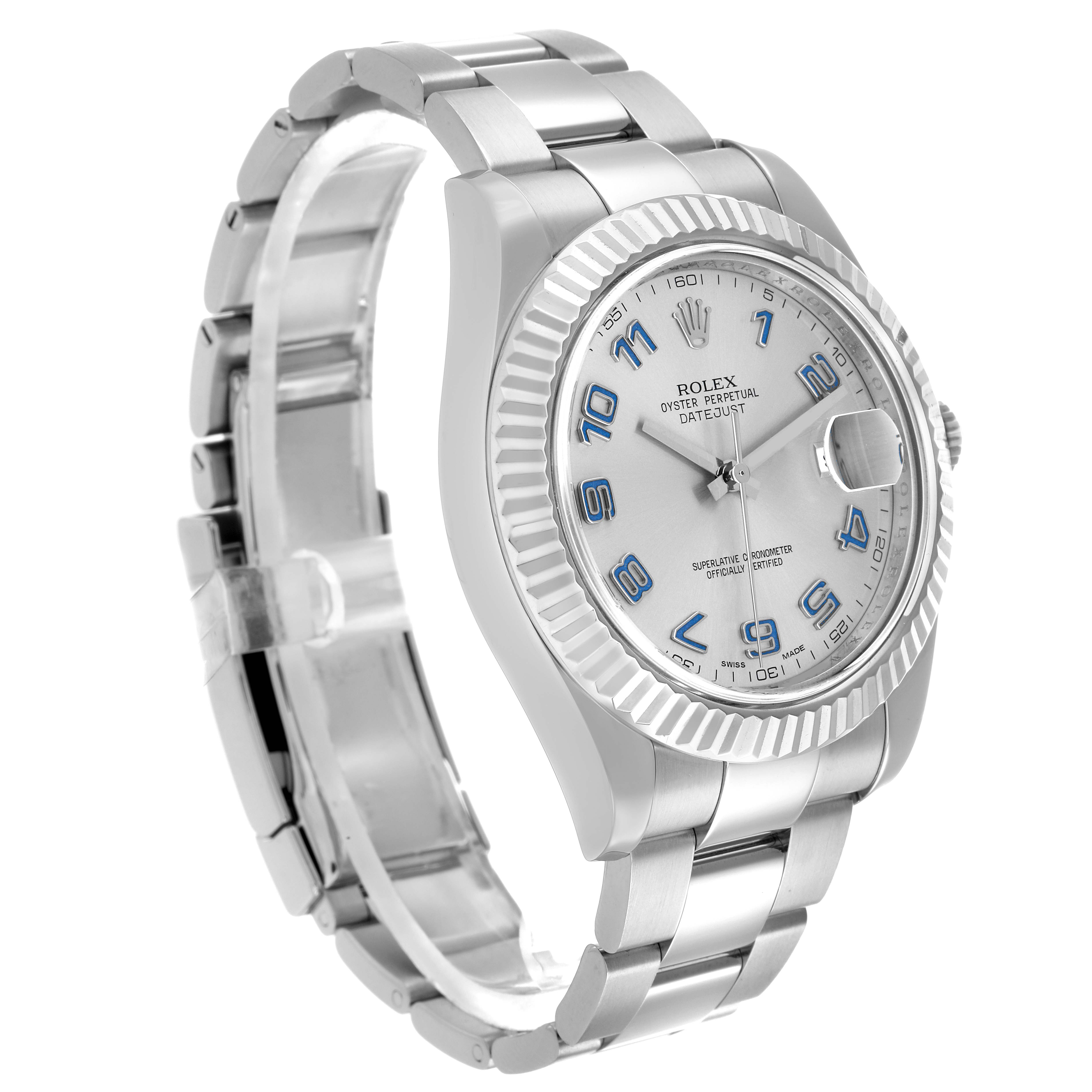 The Rolex Datejust 41 116334 Men
s Stainless Steel Silver Dial is shown at an angled side view, highlighting the dial, bezel, and bracelet.