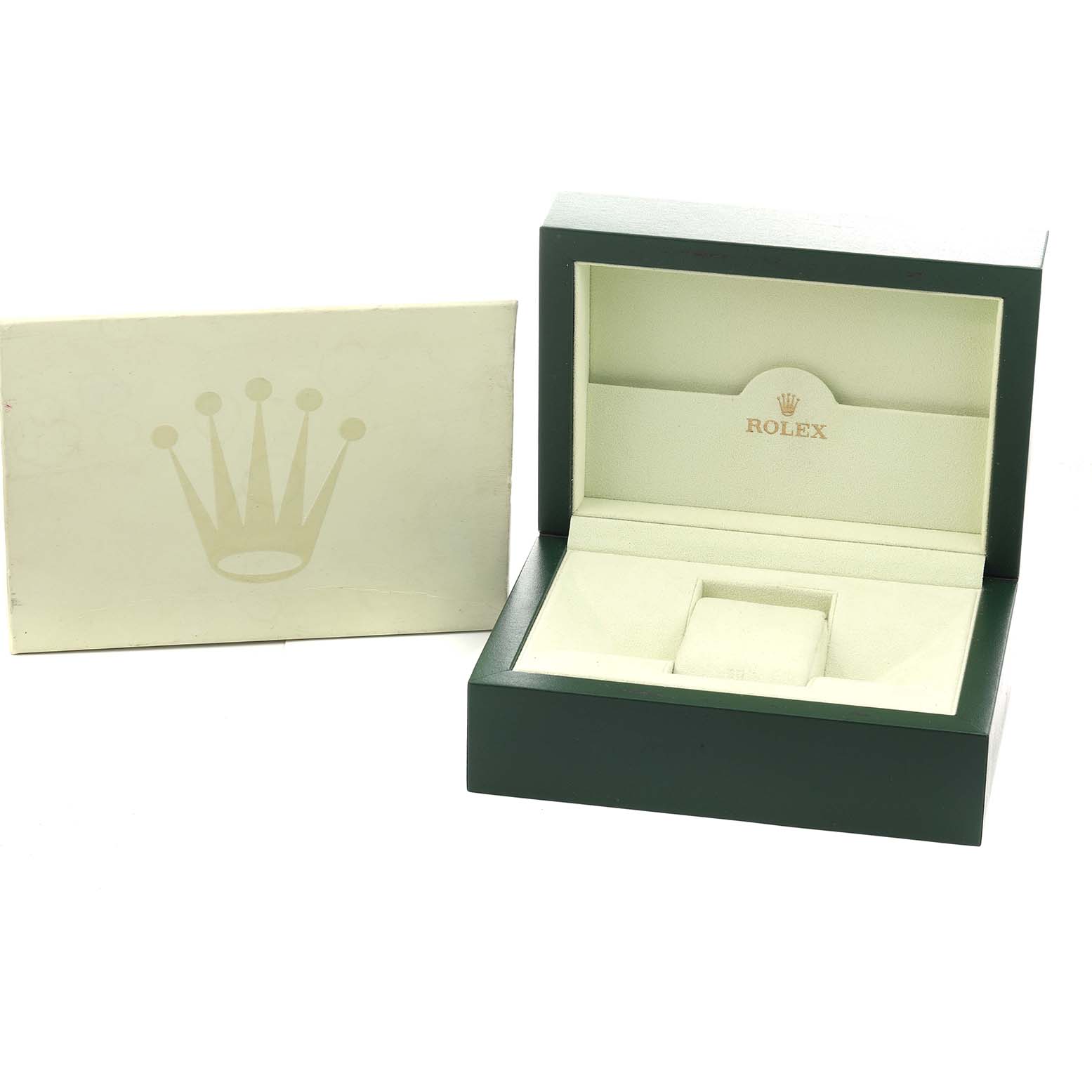 The image shows an open Rolex Datejust 41 116334 Men
s Stainless Steel Silver Dial watch box and outer packaging from a frontal angle.