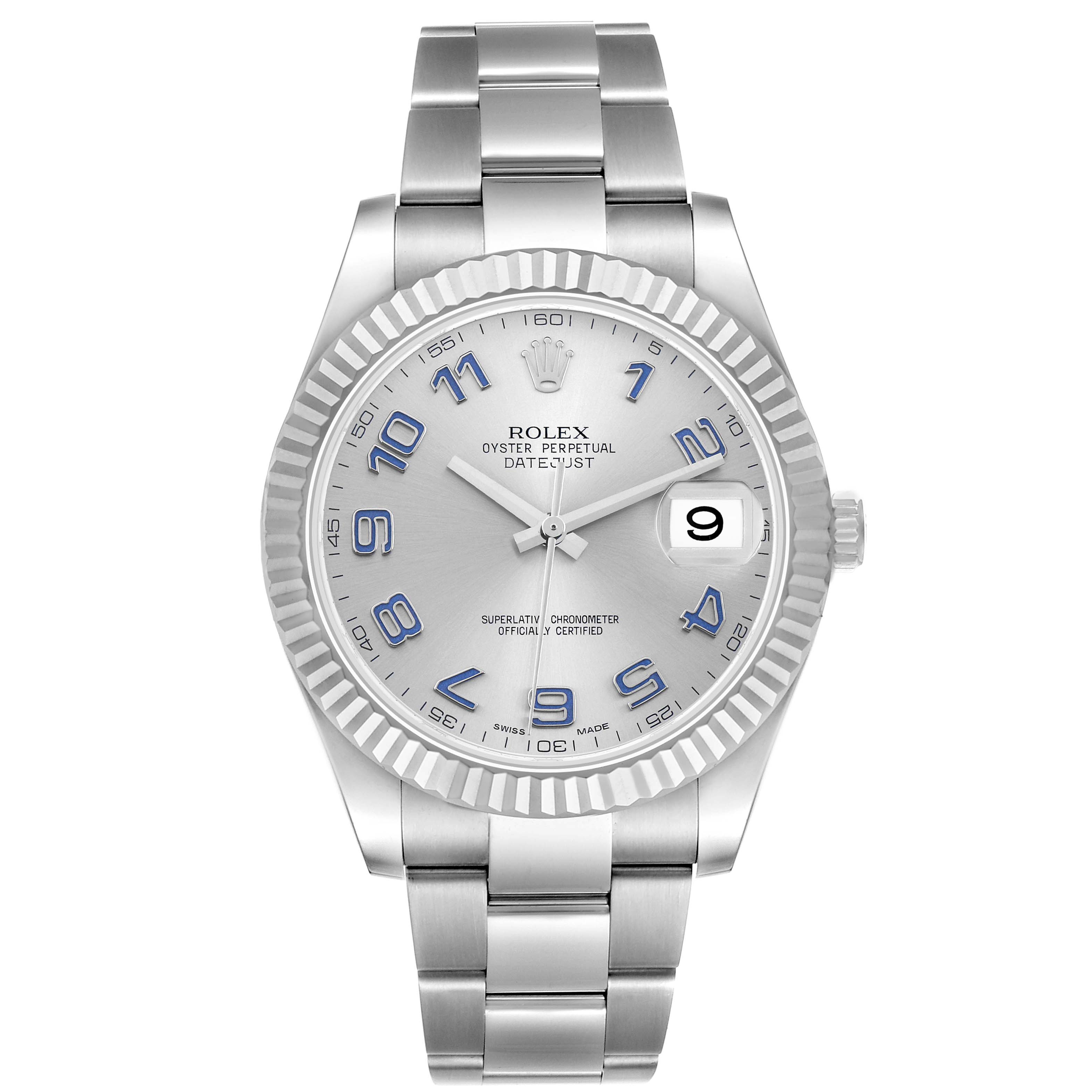 The Rolex Datejust 41 116334 Men
s Stainless Steel Silver Dial is shown from a front angle, highlighting the dial, fluted bezel, and bracelet.