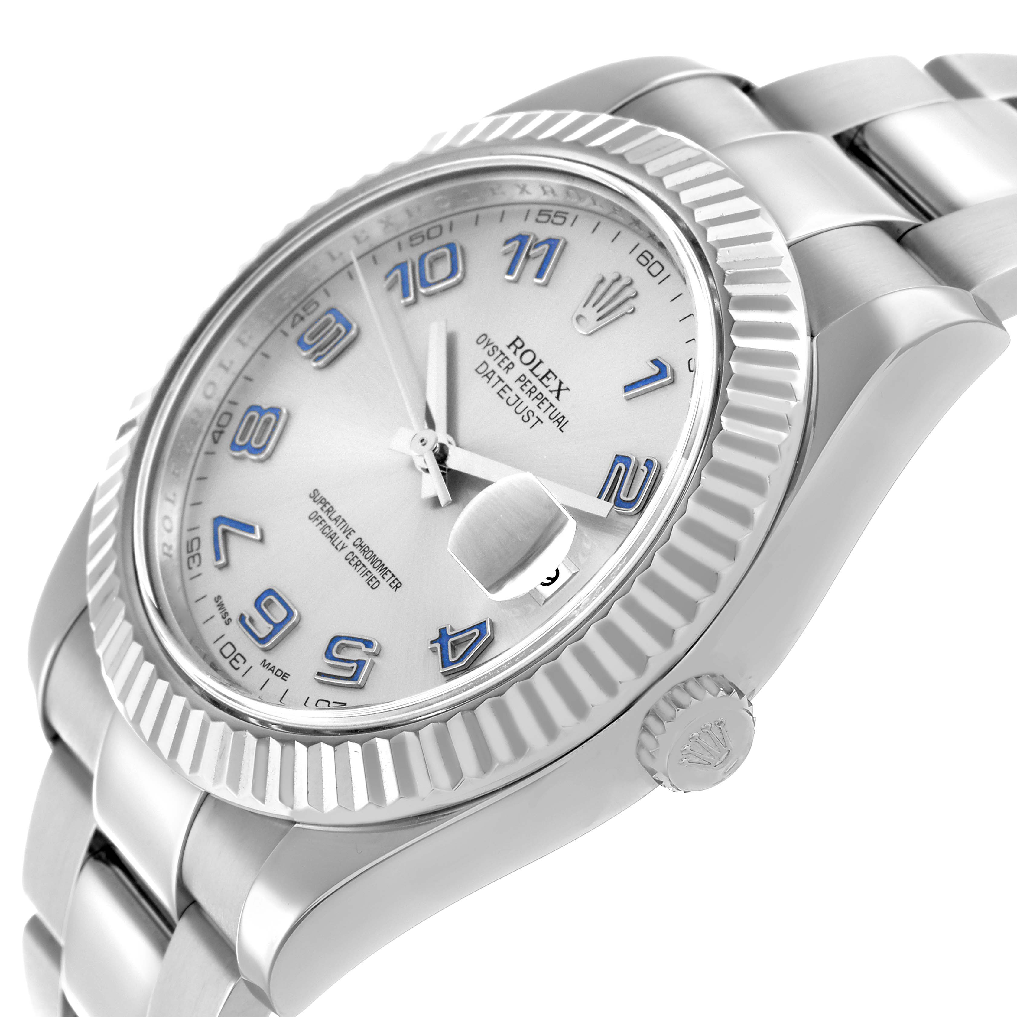 The Rolex Datejust 41 116334 Men
s Stainless Steel Silver Dial is shown at an oblique angle, highlighting the bezel, dial, cyclops, and part of the bracelet.