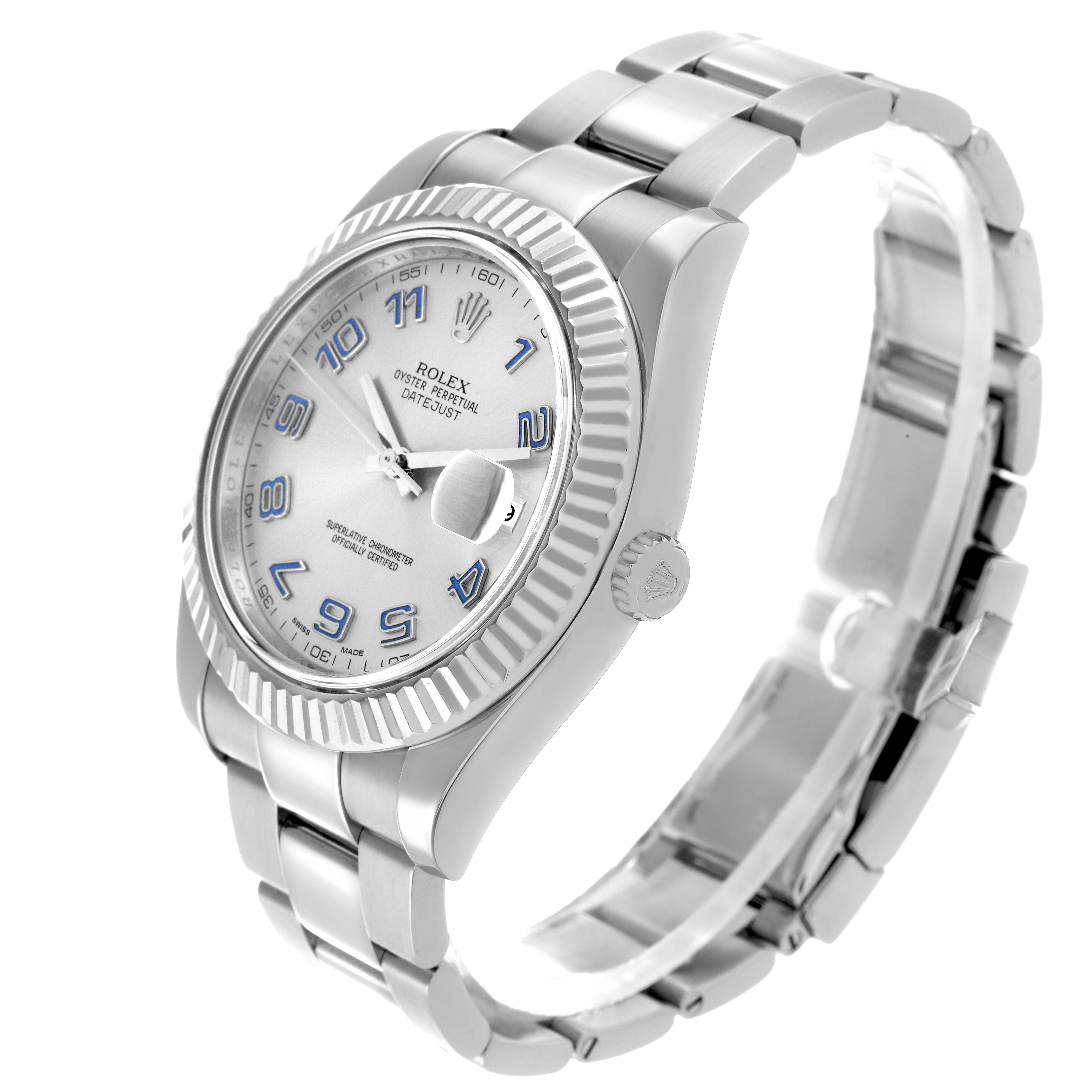 The Rolex Datejust 41 116334 Men
s Stainless Steel Silver Dial is shown at an angle displaying the bracelet, bezel, crown, and dial clearly.