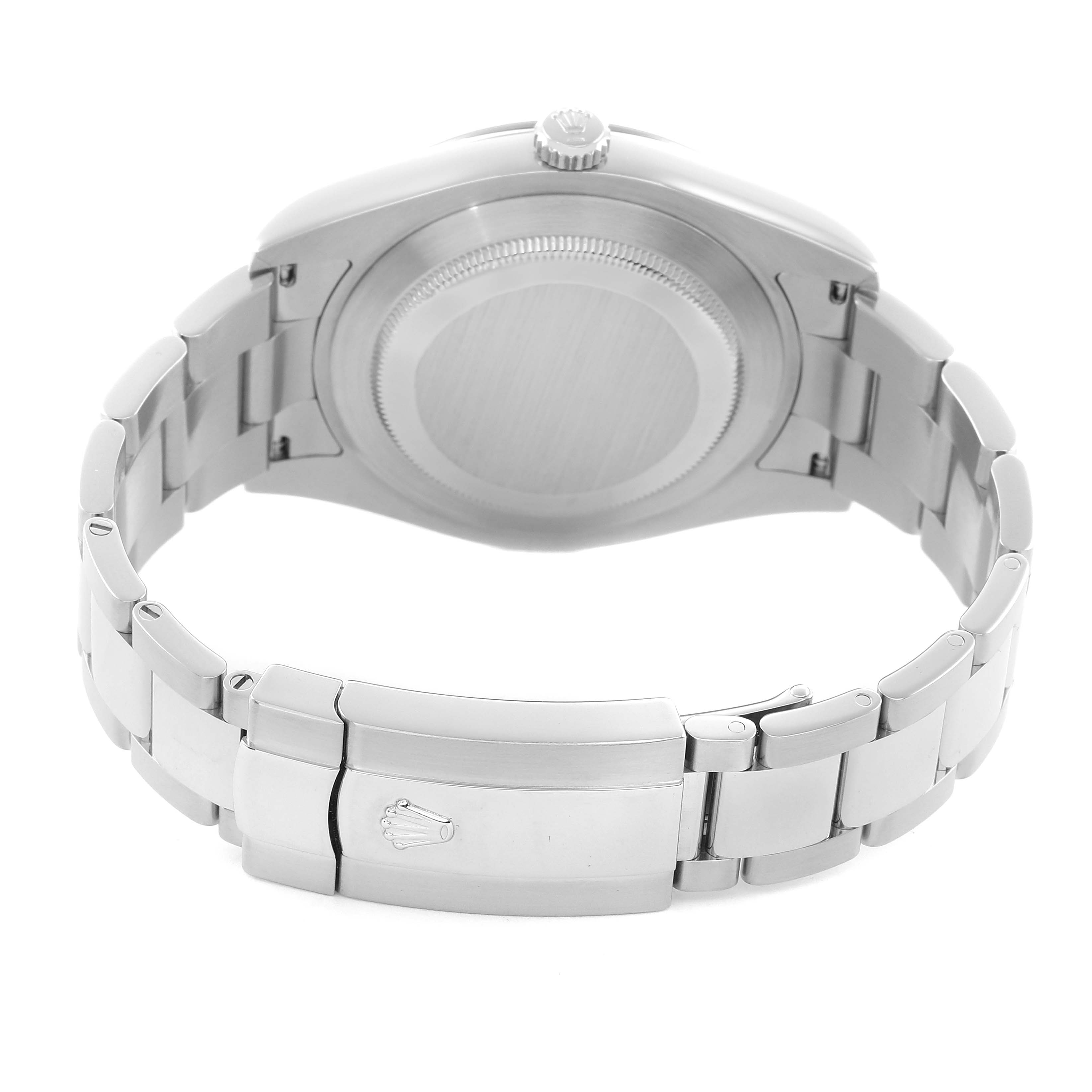 The Rolex Datejust 41 116334 Men
s Stainless Steel Silver Dial is shown from the back, highlighting the case back and clasp of the bracelet.