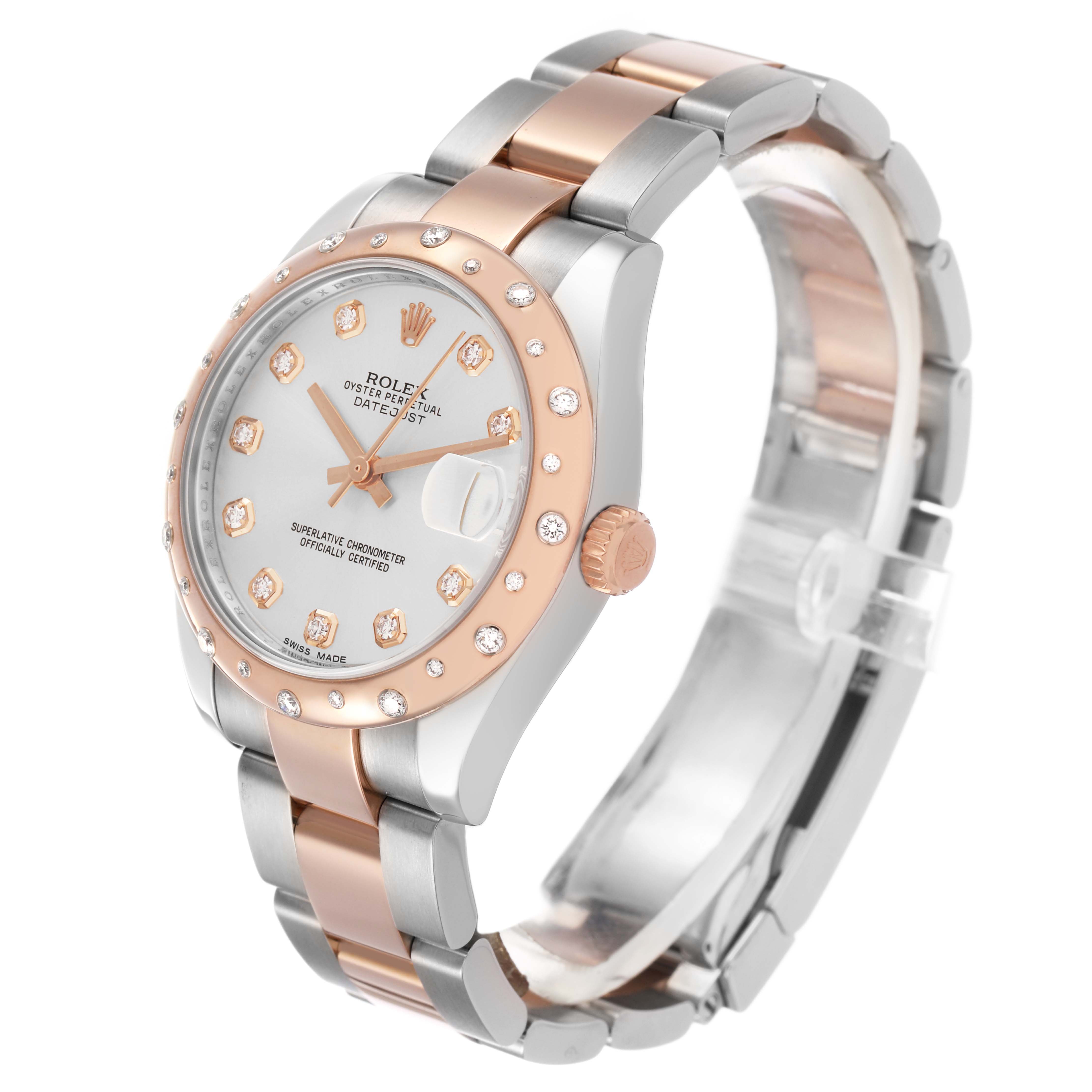 The Rolex Datejust 178341 Women's Steel and Gold (two tone) Silver Dial watch is shown at a three-quarter angle, highlighting the face, crown, bezel, and bracelet.