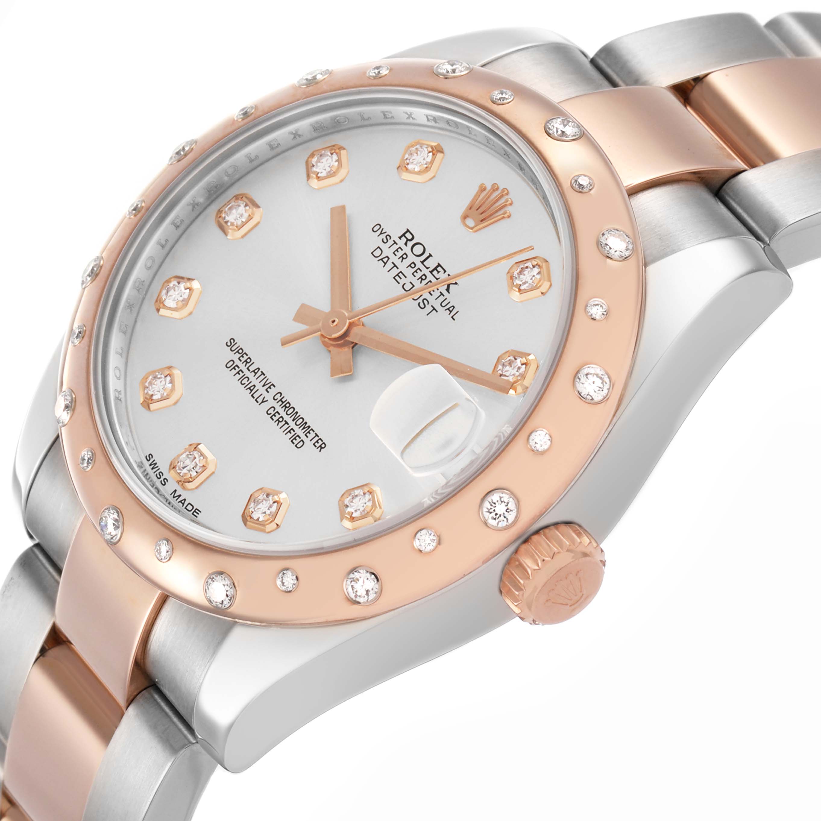 The image shows a Rolex Datejust 178341 Women's Steel and Gold (two tone) Silver Dial watch at an angled side view, highlighting its diamond bezel, dial, and bracelet.