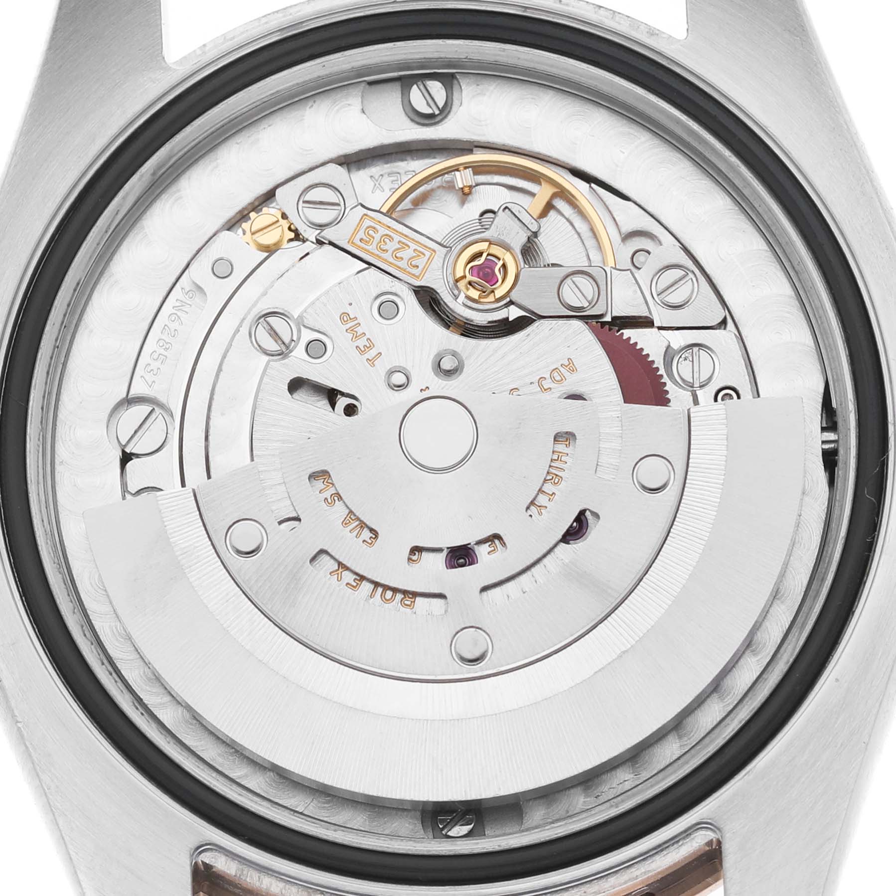 The image shows the open case back view of a Rolex Datejust 178341 Women's Steel and Gold (two tone) Silver Dial, revealing the movement and rotor.