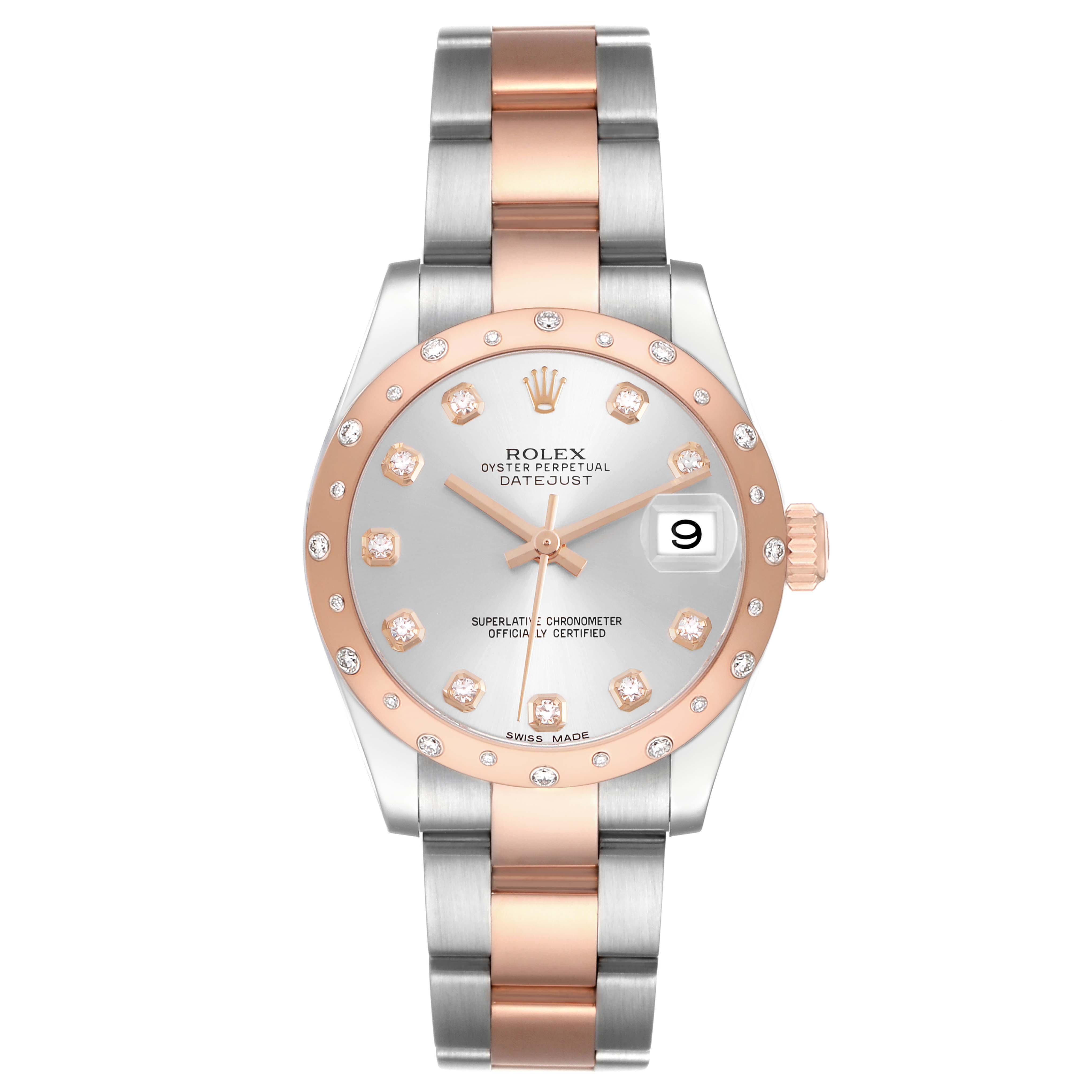 The Rolex Datejust 178341 Women's Steel and Gold (two tone) Silver Dial watch is shown from a front angle, highlighting the dial, hands, bezel, and bracelet.