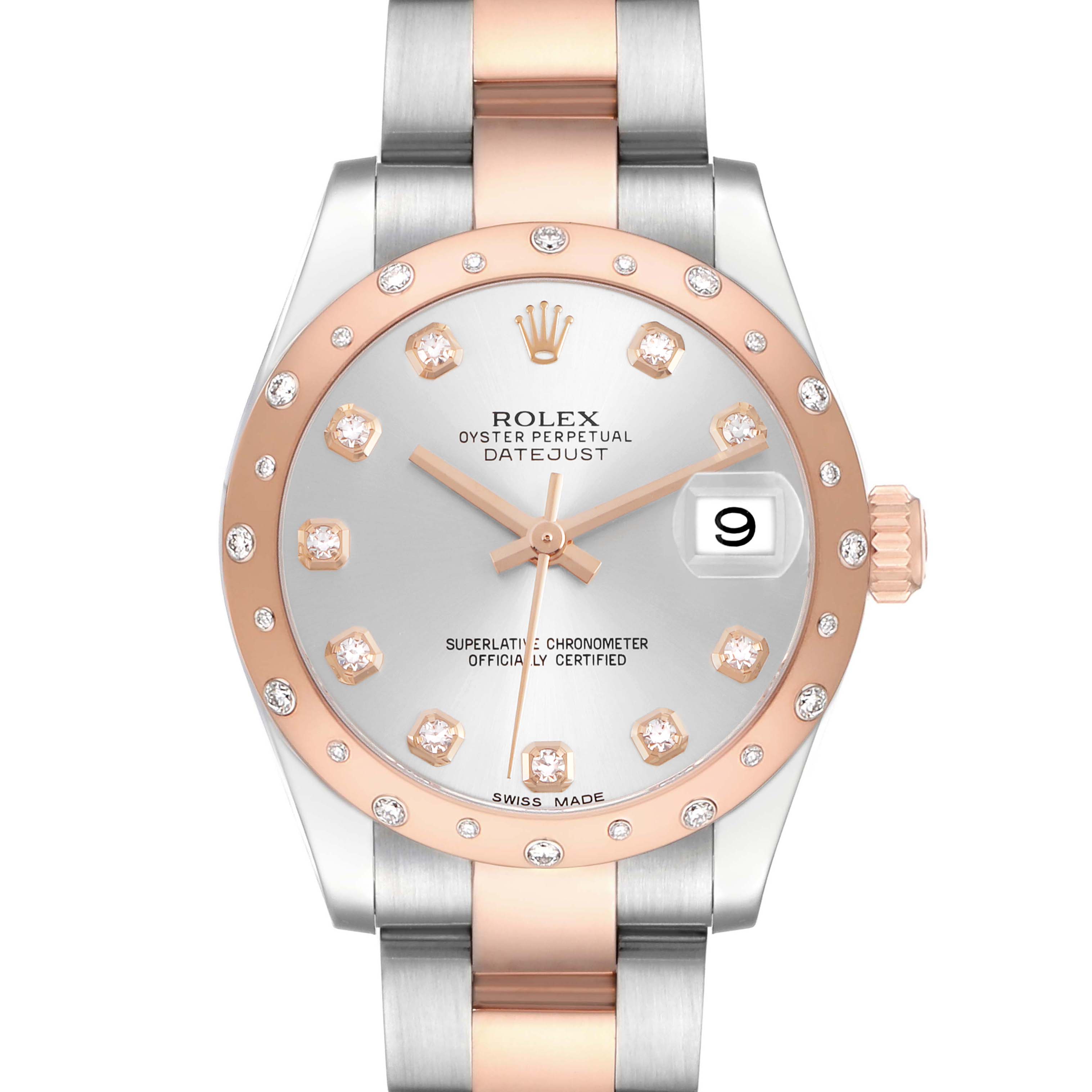 This Rolex Datejust 178341 Women's Steel and Gold (two tone) Silver Dial watch is shown from a front view, highlighting its dial, bezel, crown, and part of the bracelet.