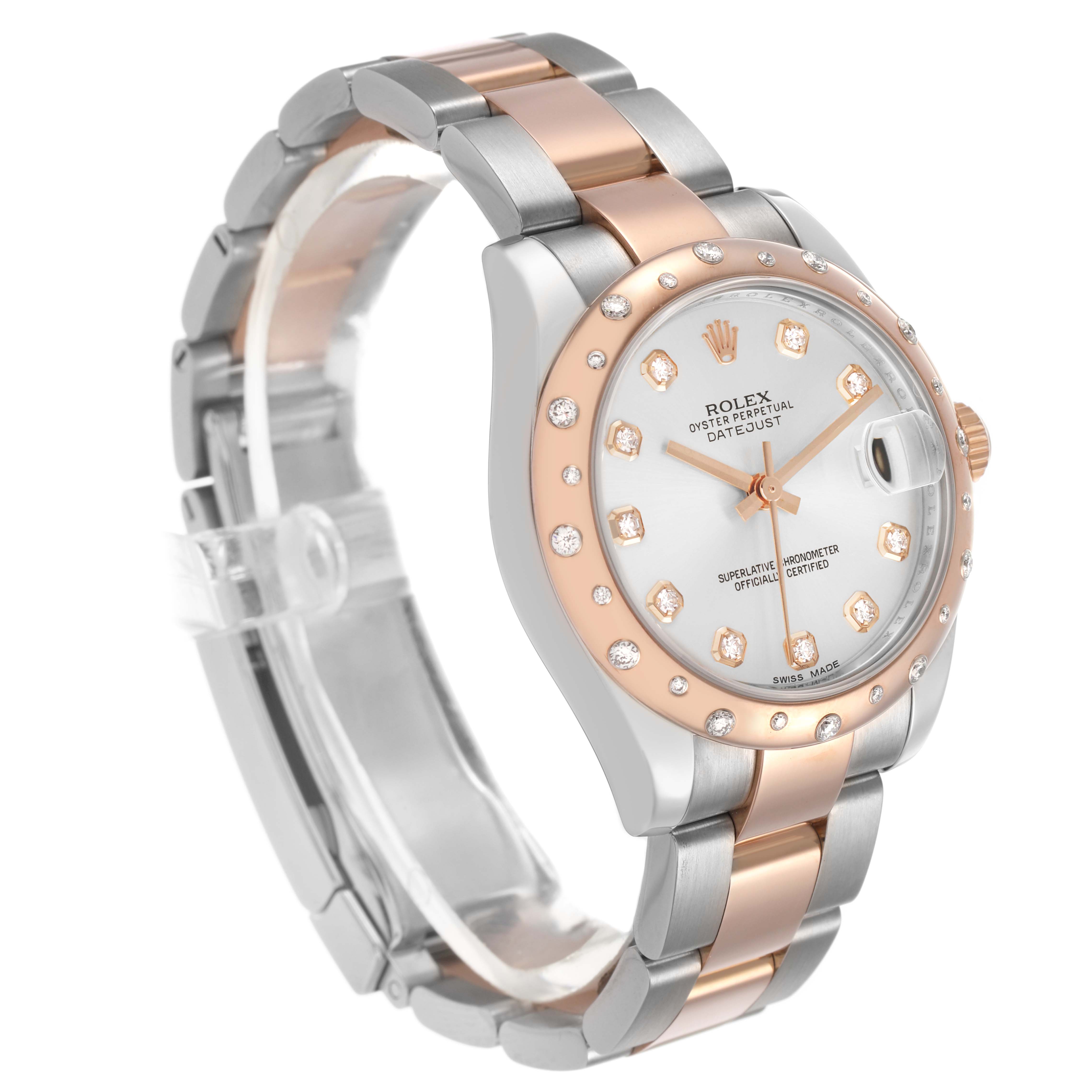The Rolex Datejust 178341 Women's Steel and Gold (two tone) Silver Dial watch is shown at a three-quarter angle, highlighting its face, bezel, and bracelet.