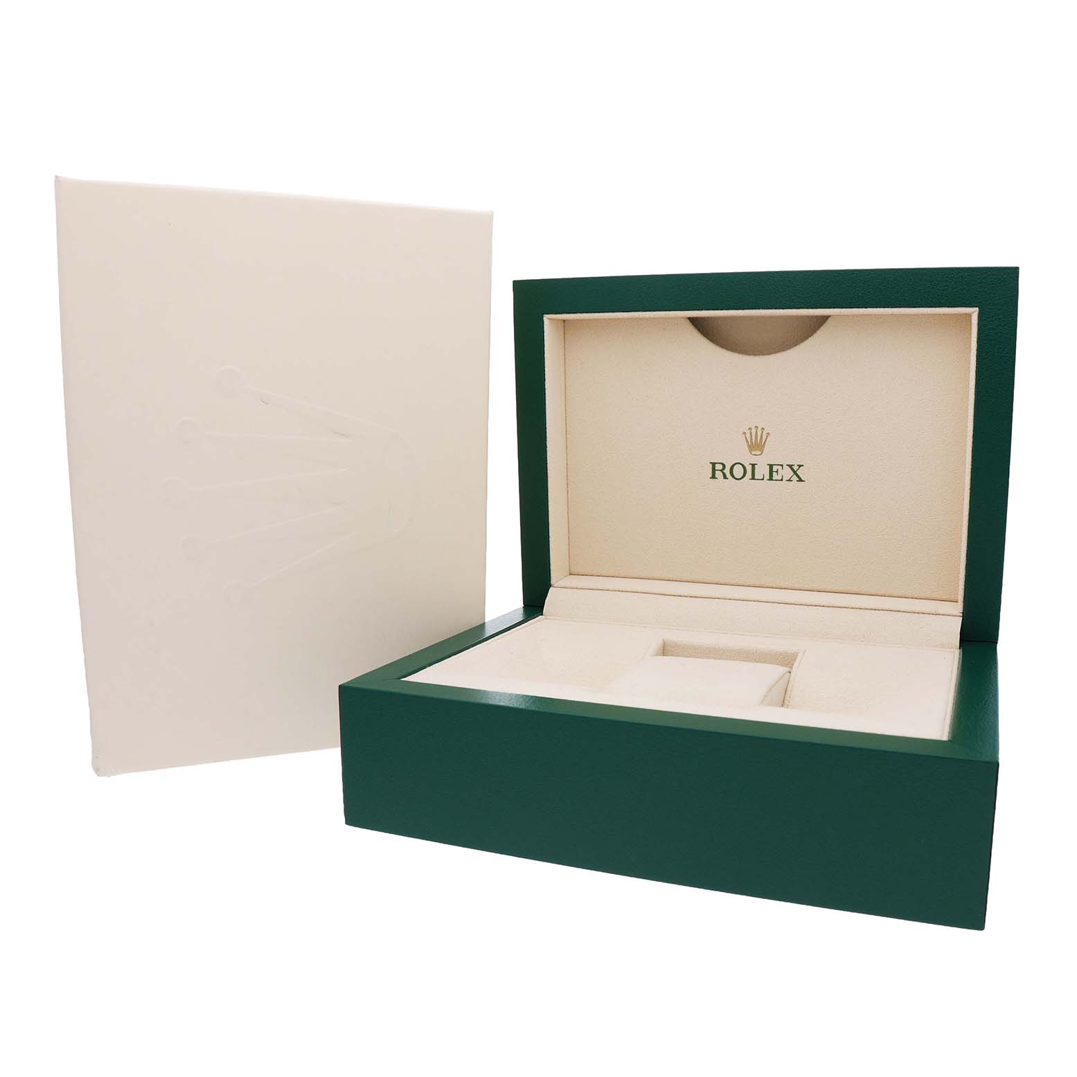 The image shows an open Rolex Datejust 178341 Women's Steel and Gold (two tone) Silver Dial watch box at a three-quarter angle, revealing the interior with the brand logo.