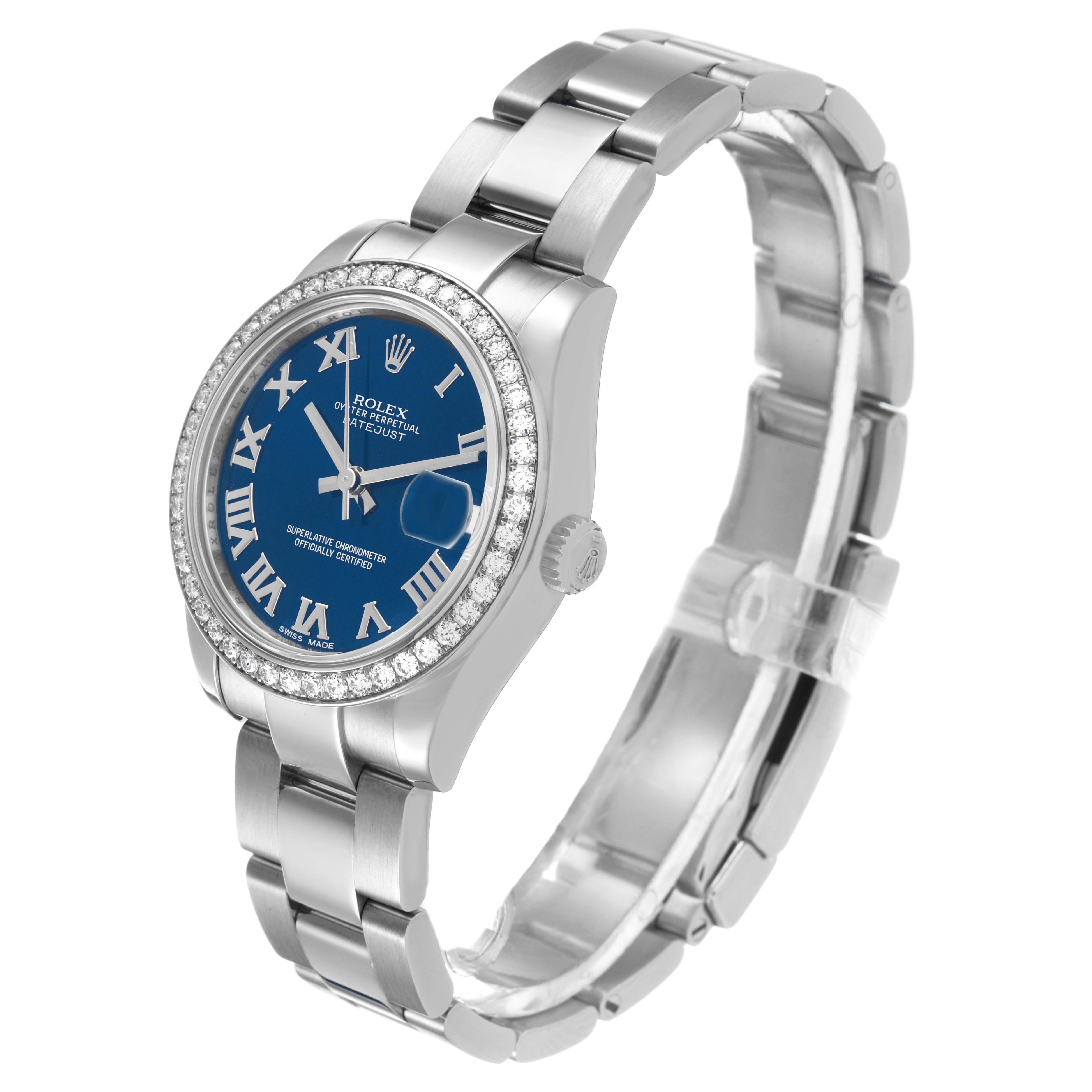 The Rolex Datejust 178384 Women's Stainless Steel Blue Dial watch is shown at a three-quarter angle, displaying the face, bezel, and part of the bracelet.